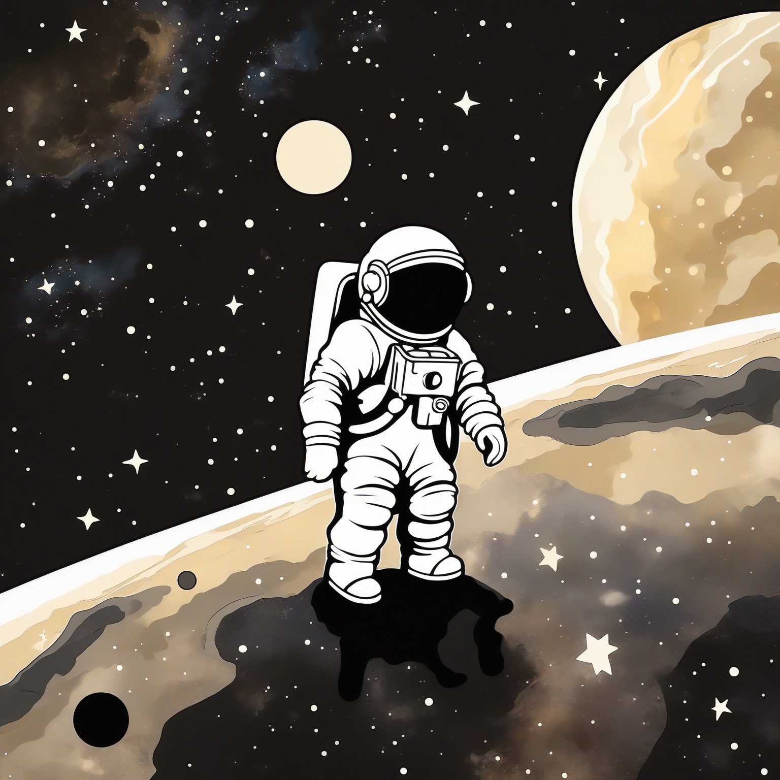 An astronaut standing on what appears to be a celestial body,  possibly the moon. The astronaut is wearing a white spacesu...