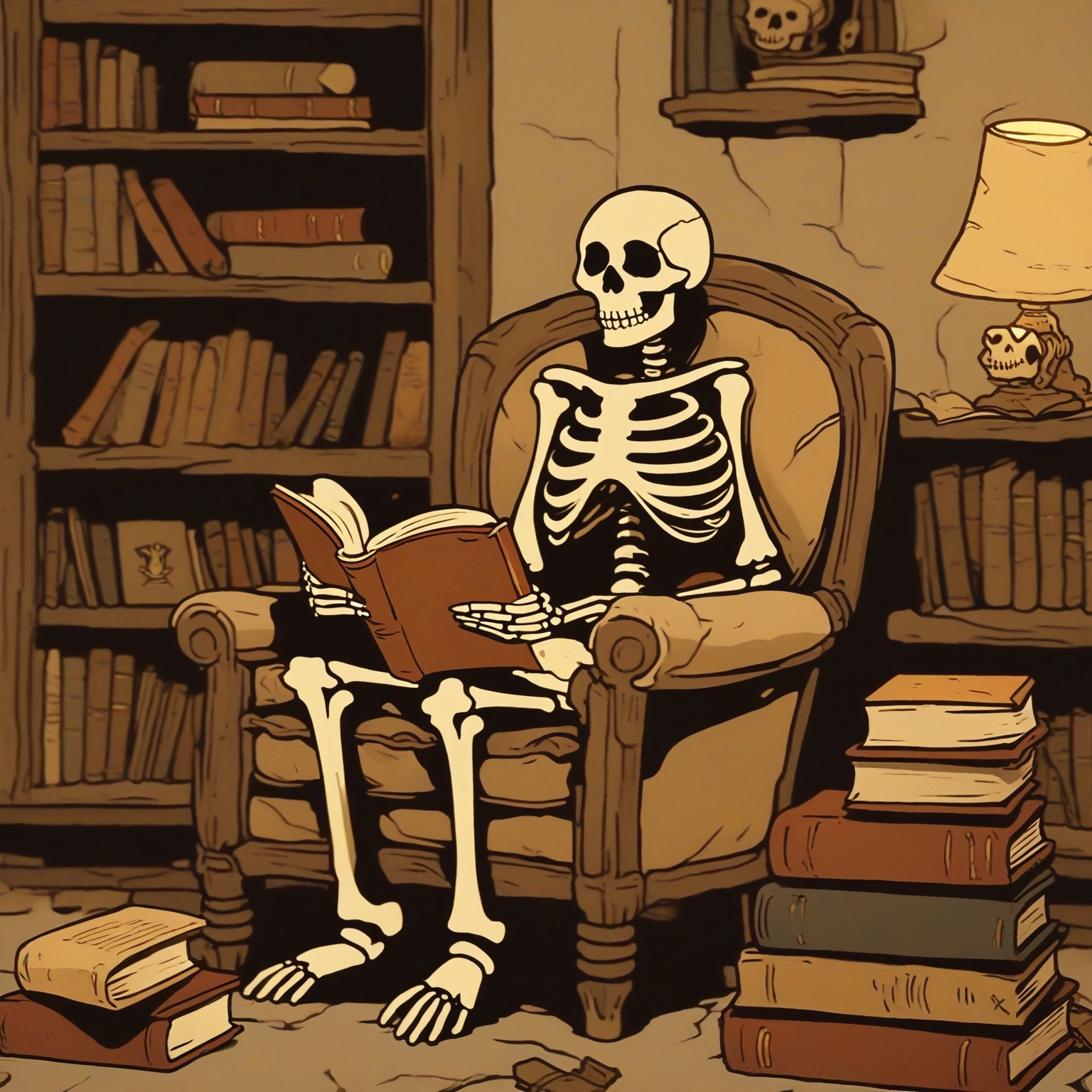 A skeleton seated comfortably in a chair,  engrossed in reading a book. The book has a skull emblem on its cover. The skel...