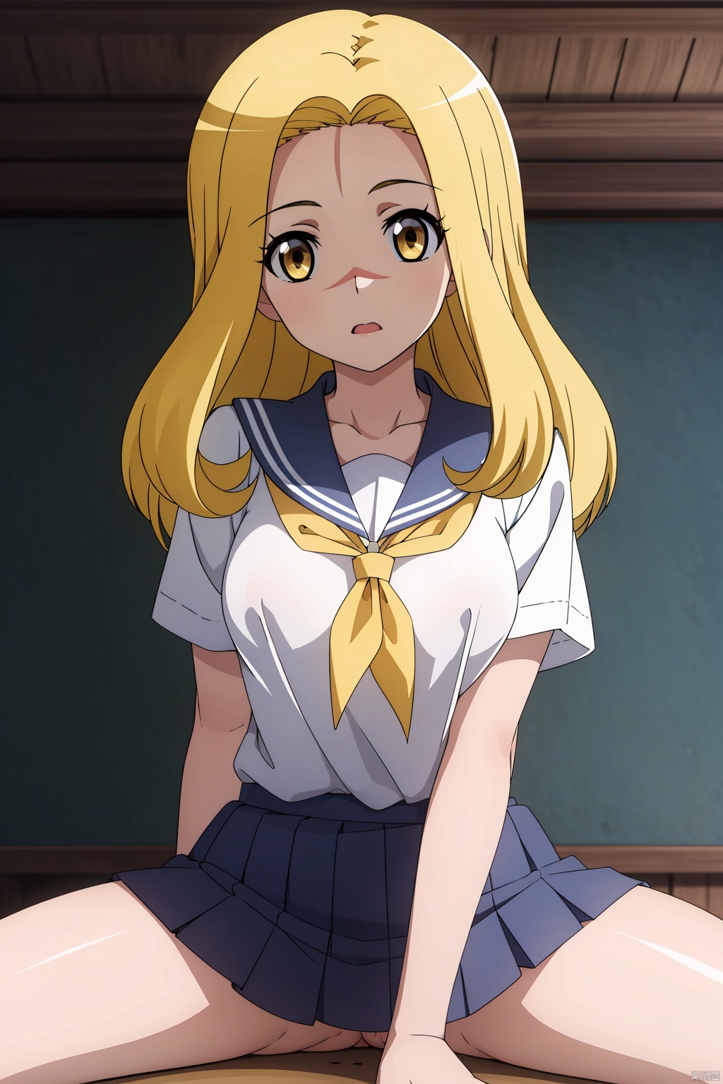 1girl, solo, spread legs, spread *****, uncensored,1girl, solo, long hair, looking at viewer, skirt, blonde hair, shirt, school uniform, collarbone, yellow eyes, white shirt, short sleeves, pleated skirt, serafuku, indoors, sailor collar, blue skirt, neckerchief, blue sailor collar, classroom,Full body shot.,masterpiece, best quality,dynamic pose, dynamic angle,spread legs,.,Breasts and nipples exposed,Vagina exposed