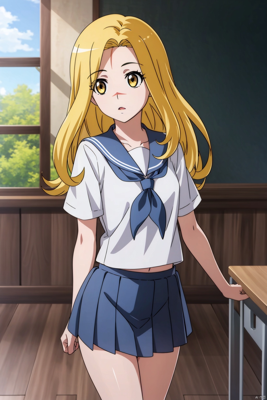 1girl, solo, long hair, looking at viewer, skirt, blonde hair, shirt, school uniform, collarbone, yellow eyes, white shirt, short sleeves, pleated skirt, serafuku, indoors, sailor collar, blue skirt, neckerchief, blue sailor collar, classroom,Full body shot.,masterpiece, best quality,dynamic pose, dynamic angle,