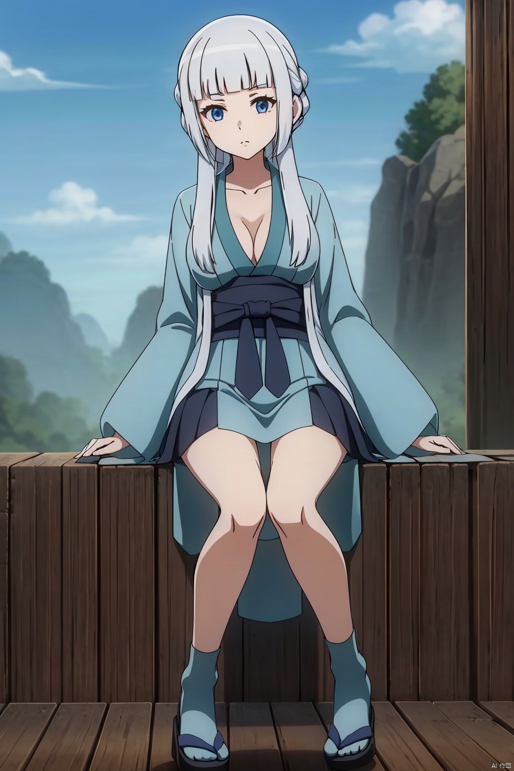 1girl, solo, long hair, looking at viewer, bangs, blue eyes, skirt, hair ornament, collarbone, braid, white hair, sidelocks, japanese clothes, blunt bangs, expressionless,Full body shot.,masterpiece, best quality,dynamic pose, dynamic angle,spread legs,large breasts,