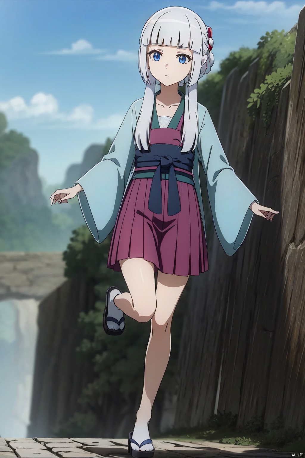 1girl, solo, long hair, looking at viewer, bangs, blue eyes, skirt, hair ornament, collarbone, braid, white hair, sidelocks, japanese clothes, blunt bangs, expressionless,Full body shot.,masterpiece, best quality,dynamic pose, dynamic angle,