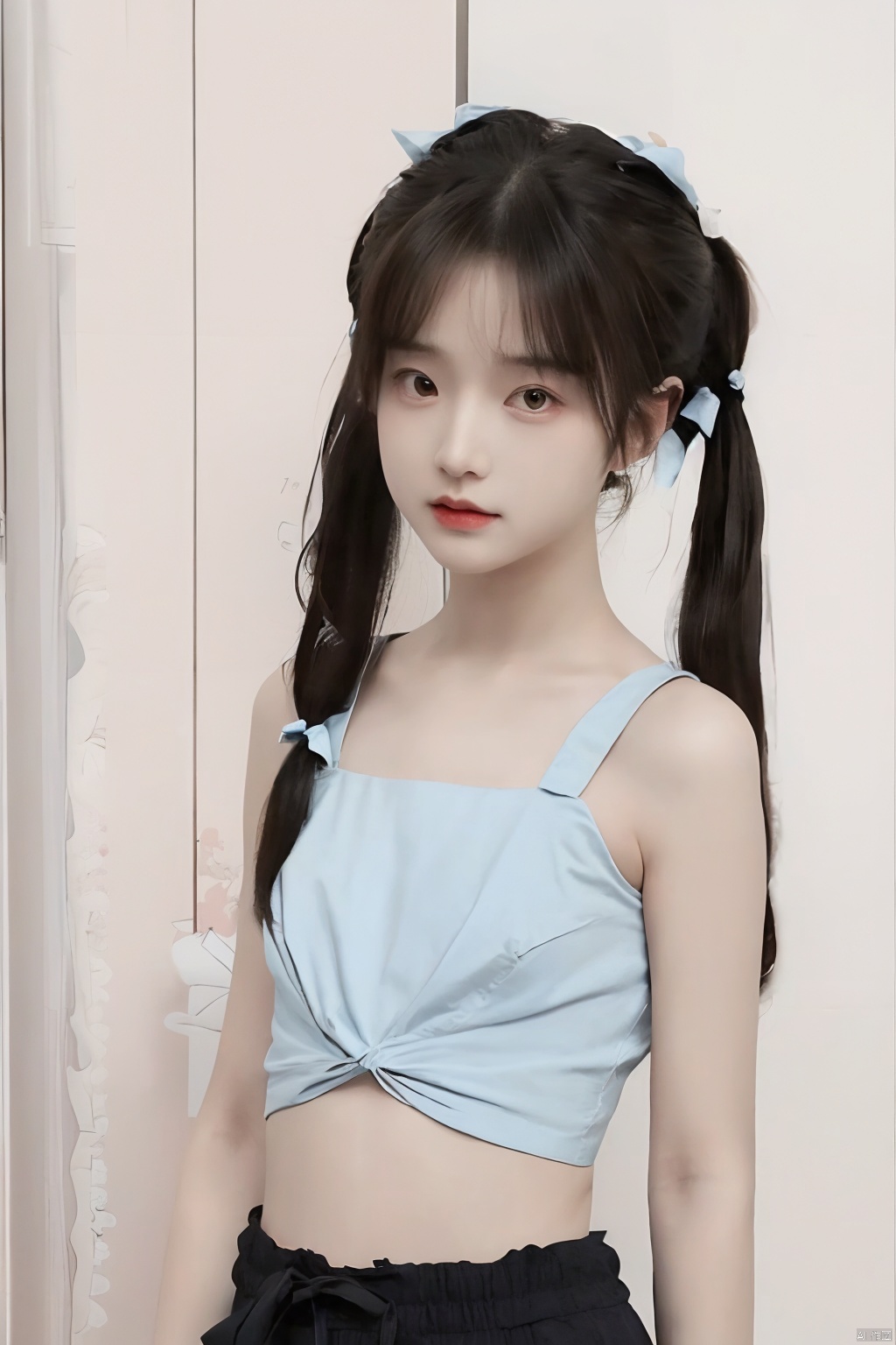  Best quality, masterpiece, photorealistic, 32K uhd, official Art,
1girl, slender figures,big eyes,(twintails:1.2) ,(hair bows:1.2),15 years old, lips,thin waist, (flat chest),(long messy hair:1.2),(blurry background:1.2)