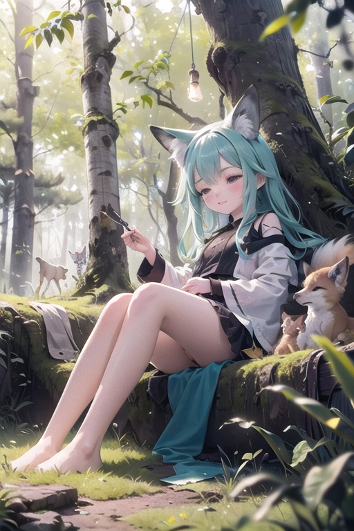 In this delightful tensor art scene,  a fox girl is enjoying a playful and restful moment. She's nestled in a cozy and ser...