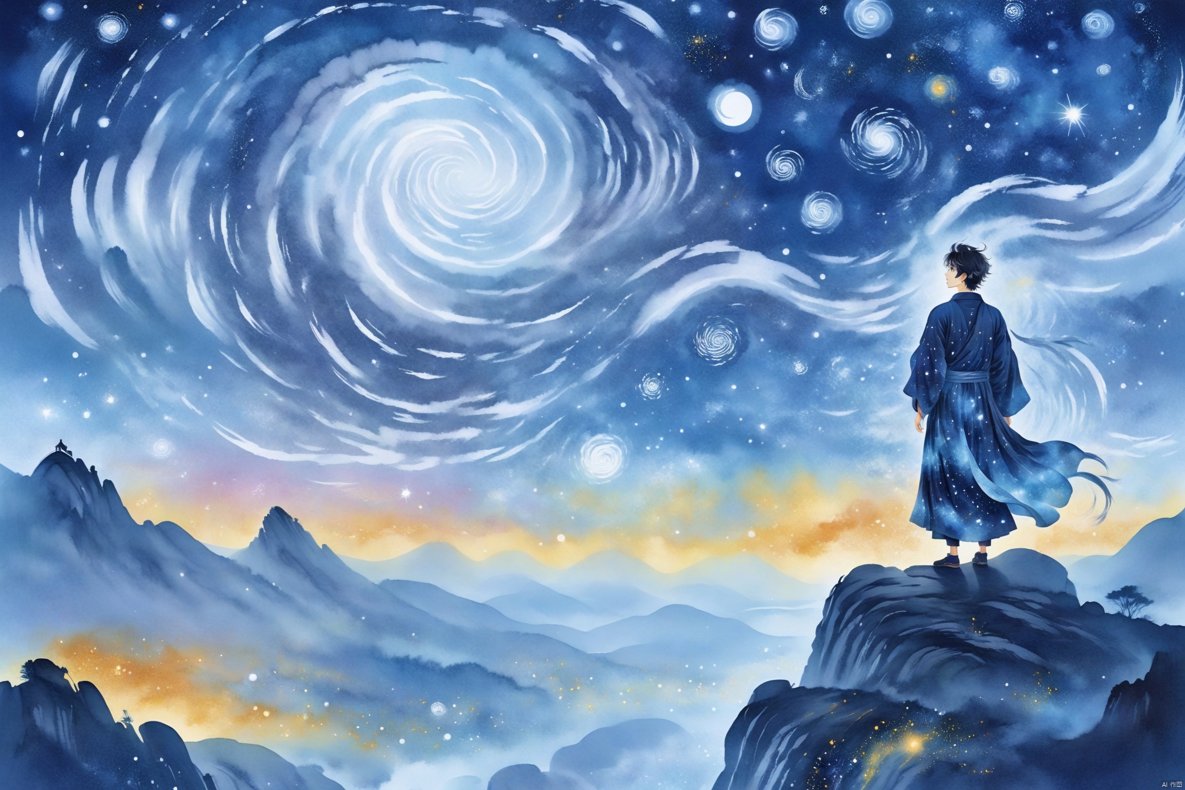  Tie dyeing style, Tie dyeing,Shinkai Makoto style, a whimsical digital illustration of a solitary figure standing on a cliff overlooking the vast starry sky. The figure has a wistful expression, his hair blown by the wind and his robe flowing. The sky is filled with rotating galaxies and constellations, creating a fantastic atmosphere. Bright colors, ethereal lights