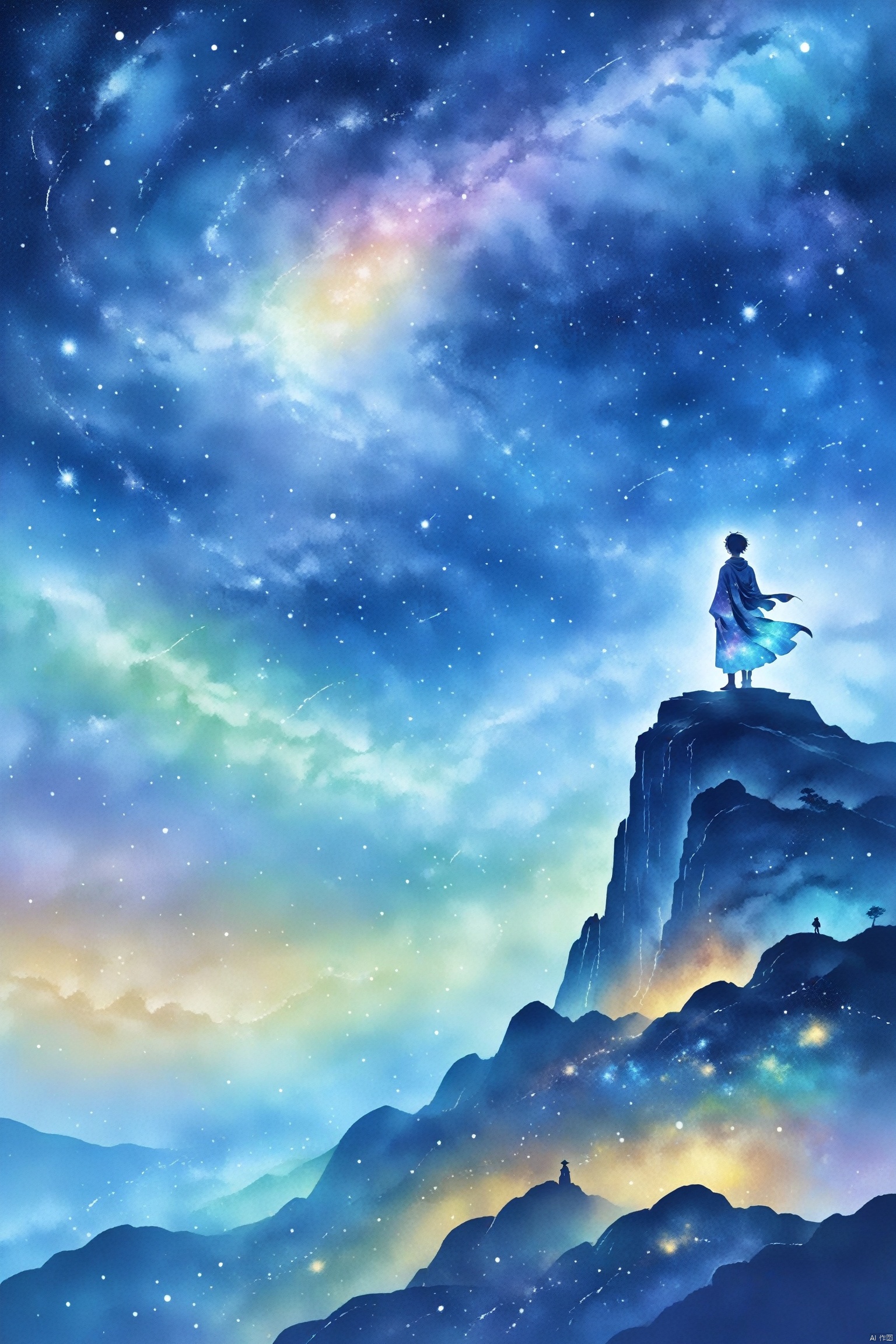  Tie dyeing style, Tie dyeing,Shinkai Makoto style, a whimsical digital illustration of a solitary figure standing on a cliff overlooking the vast starry sky. The figure has a wistful expression, his hair blown by the wind and his robe flowing. The sky is filled with rotating galaxies and constellations, creating a fantastic atmosphere. Bright colors, ethereal lights