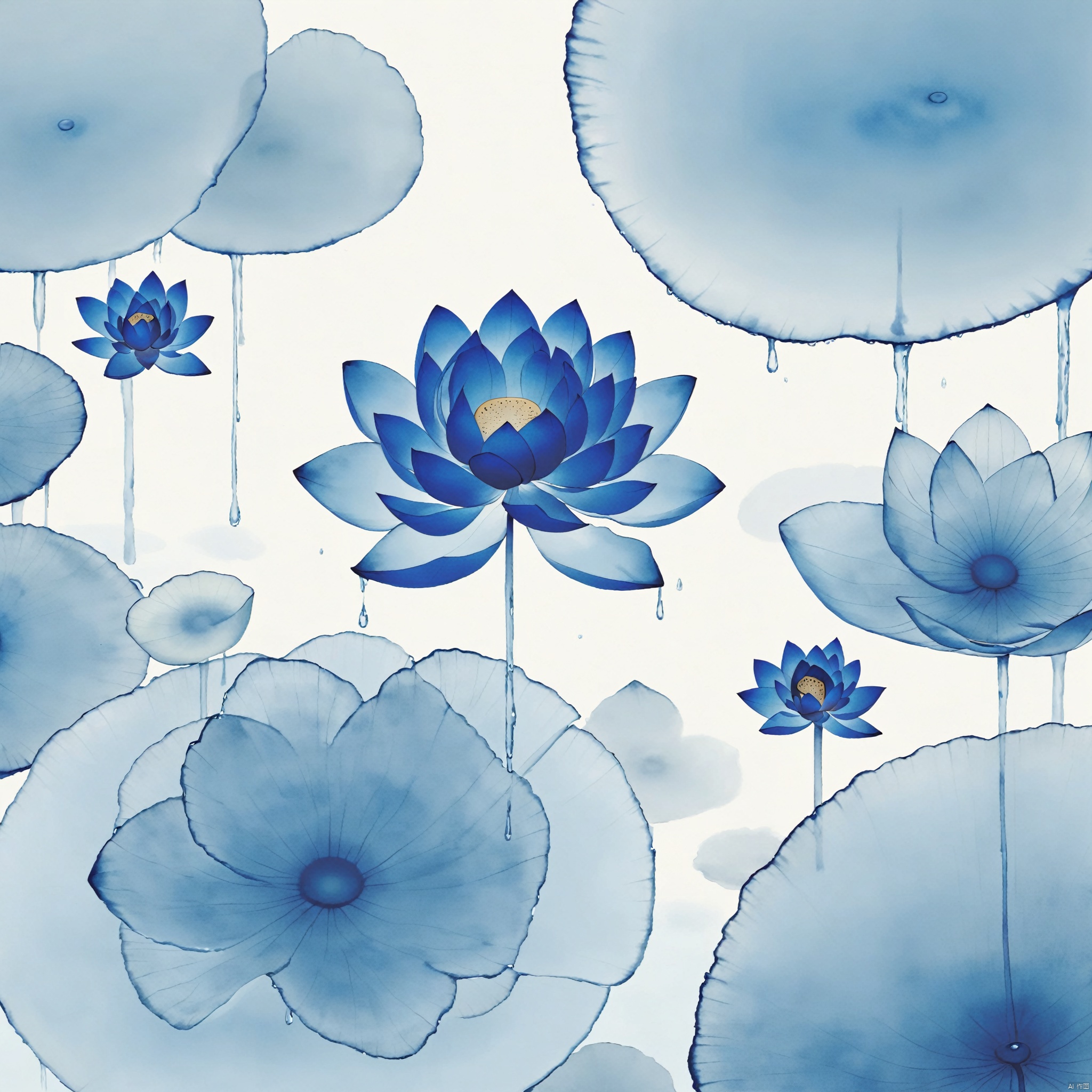 blue theme,Tie dyeing,Frogs, lotus leaves, vines, dripping water