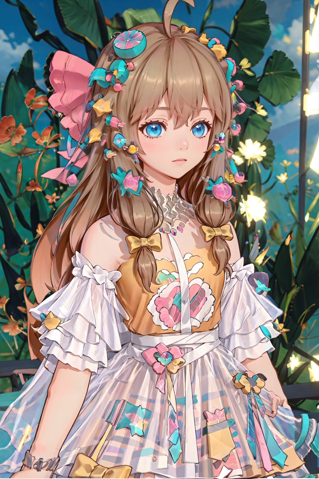 1girl, blue eyes, solo, ahoge, hair ornament, brown hair, long hair, upper body, hair bow, bow, jewelry, bangs, dress