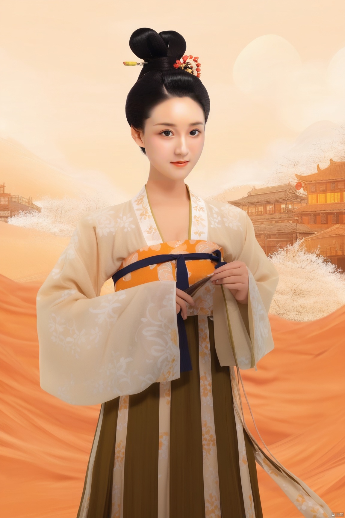 1girl,solo,black_hair,hair_bun,looking_at_viewer,standing,chinese_clothes,hanfu,Tang_Dynasty_Shanqun,