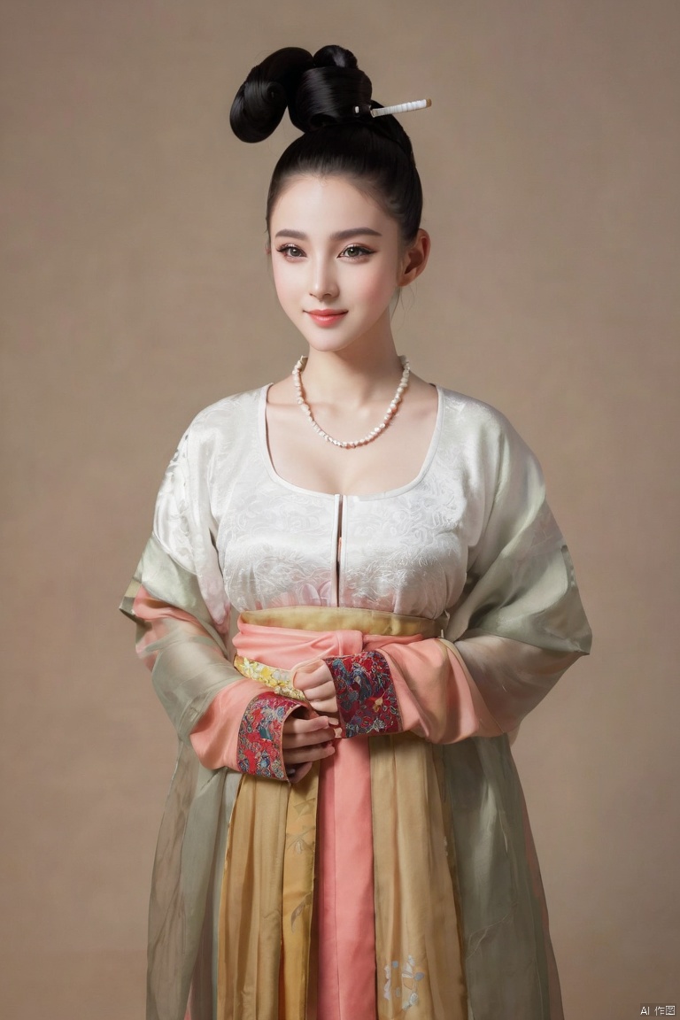 1girl,solo,black_hair,hair_bun,looking_at_viewer,standing,smile,chinese_clothes,hanfu,Tang_Dynasty_Shanqun, ((poakl))