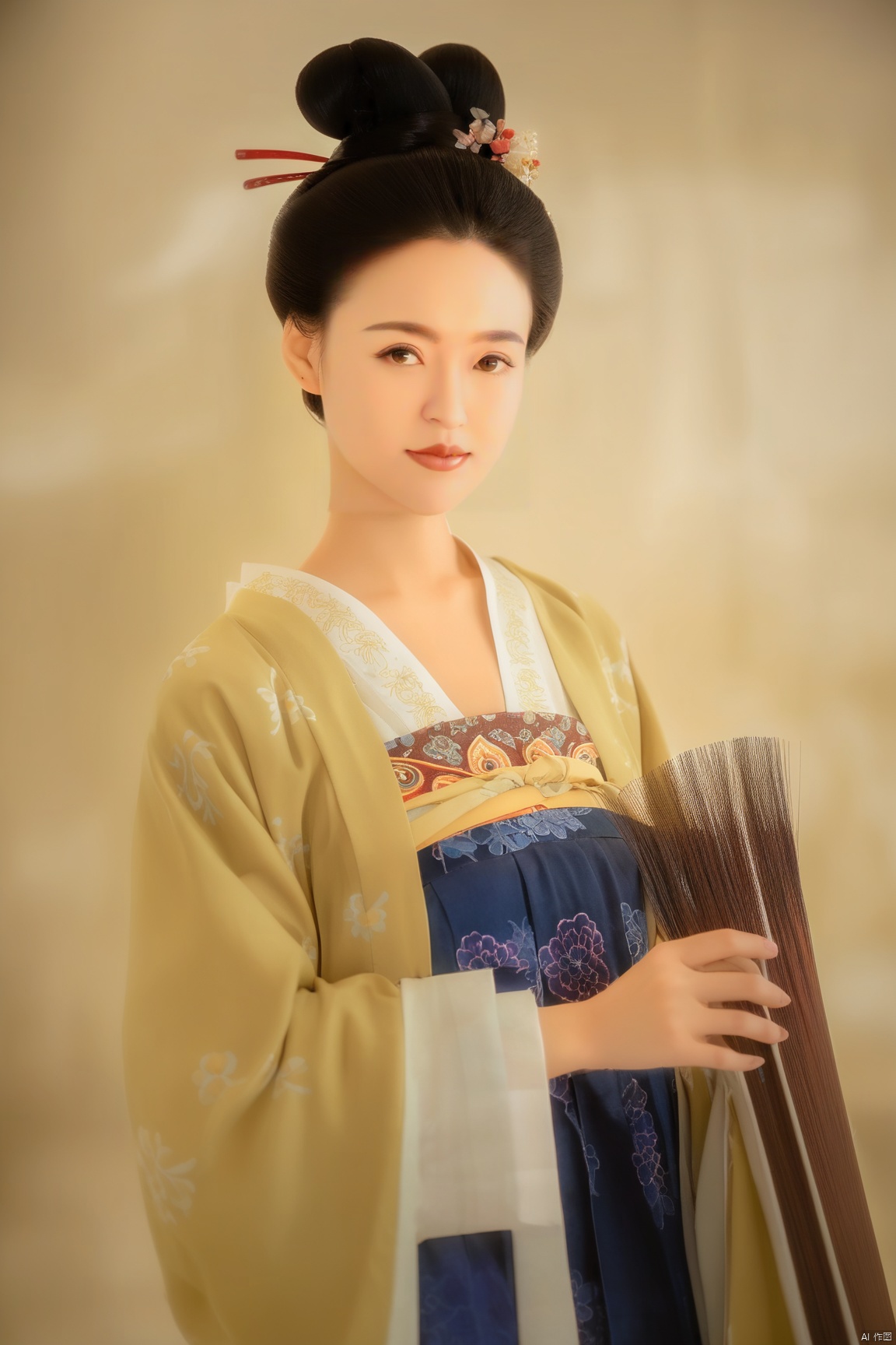 1girl,solo,black_hair,hair_bun,looking_at_viewer,standing,chinese_clothes,hanfu,Tang_Dynasty_Shanqun,