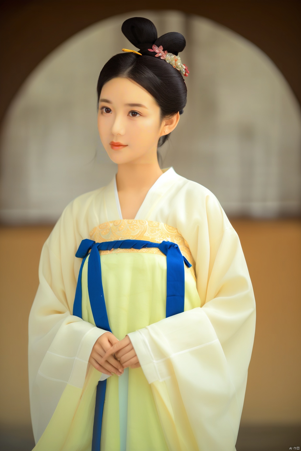 1girl,solo,black_hair,hair_bun,looking_at_viewer,standing,chinese_clothes,hanfu,Tang_Dynasty_Shanqun,