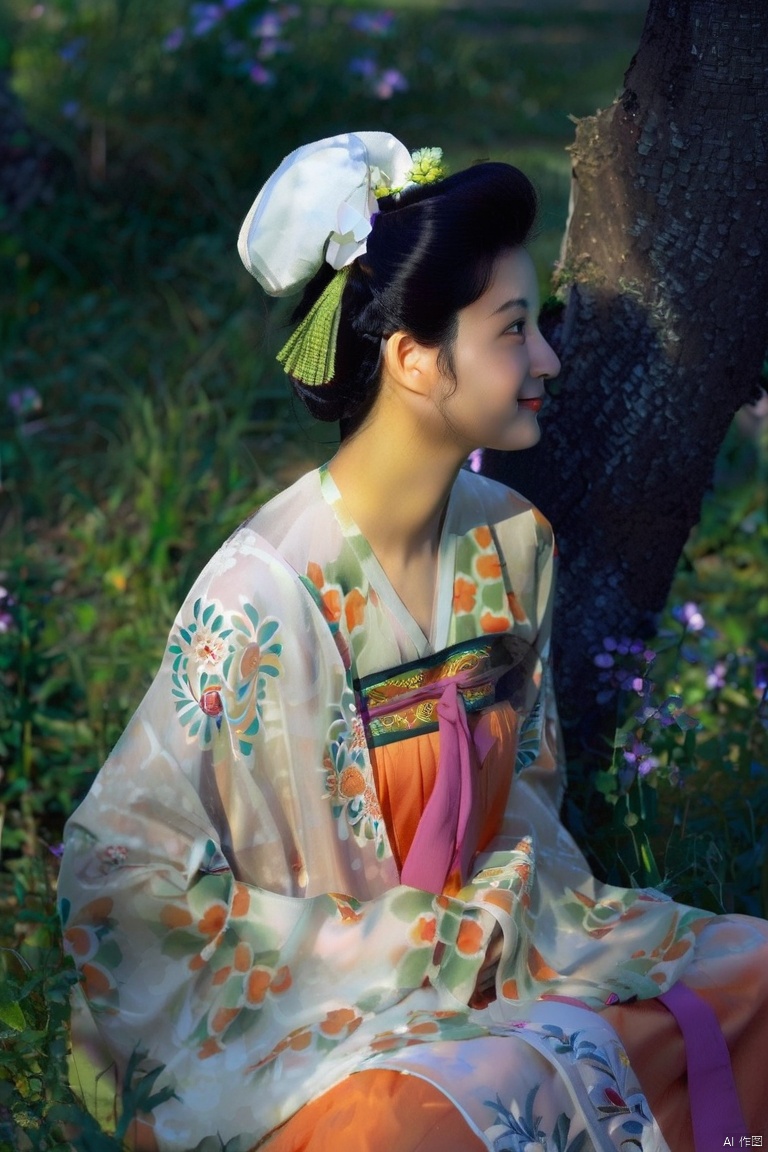 1girl,solo,black_hair,hair_bun,looking_at_viewer,standing,smile,chinese_clothes,hanfu,Tang_Dynasty_Shanqun, ((poakl))