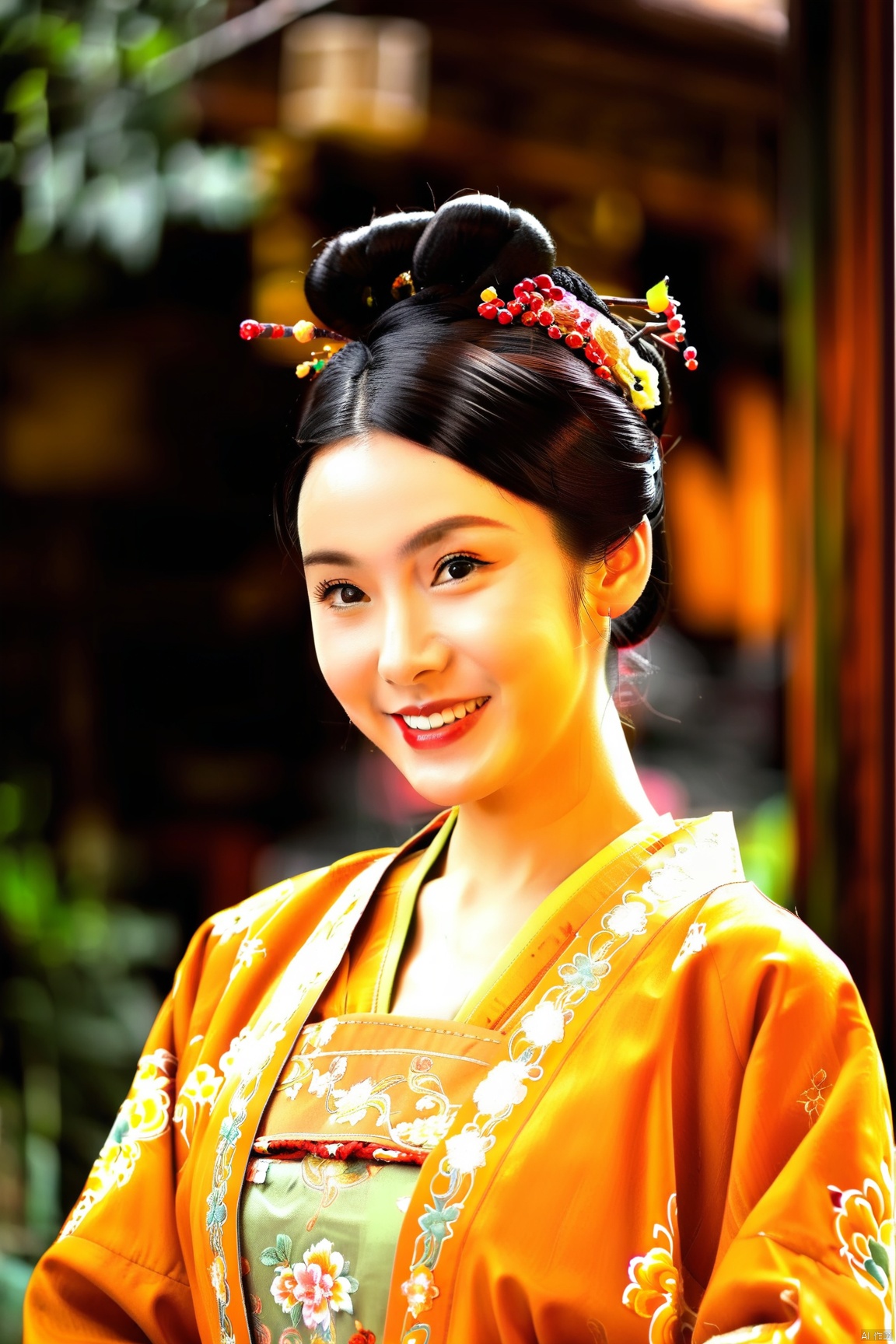  1girl,solo,black_hair,hair_bun,looking_at_viewer,standing,smile,chinese_clothes,hanfu,Tang_Dynasty_Shanqun