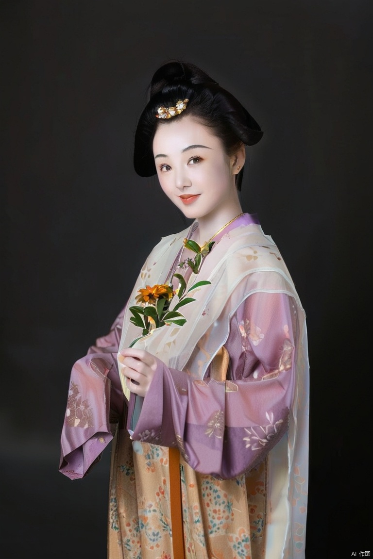 1girl,solo,black_hair,hair_bun,looking_at_viewer,standing,smile,chinese_clothes,hanfu,Tang_Dynasty_Shanqun, ((poakl))