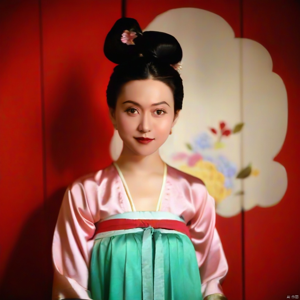 1girl,solo,black_hair,hair_bun,looking_at_viewer,standing,chinese_clothes,hanfu,Tang_Dynasty_Shanqun,