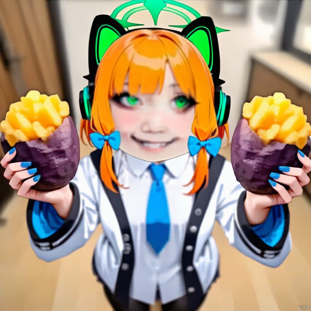 longtu-face,face,(masterpiece),(best quality),full body, 1girl, (masterpiece),(best quality),1girl,midori \(blue archive\),blue archive,aiamu iamu,holding food,holding,hooded jacket,food,sidelocks,:d,collared shirt,blurry,long sleeves,puffy sleeves,headphones,blue bow,hand up,necktie, halo,looking at viewer,jacket,sleeves past wrists,blush,nail polish,blue necktie,animal ear headphones,blurry background,blonde hair,shirt,green eyes,hood down,open clothes,depth of field,hood,smile,white jacket,fake animal ears,bow,puffy long sleeves,open jacket,solo,dress shirt,animal ears,white shirt,blue nails,hair bow,long hair,drawstring,sweet potato,