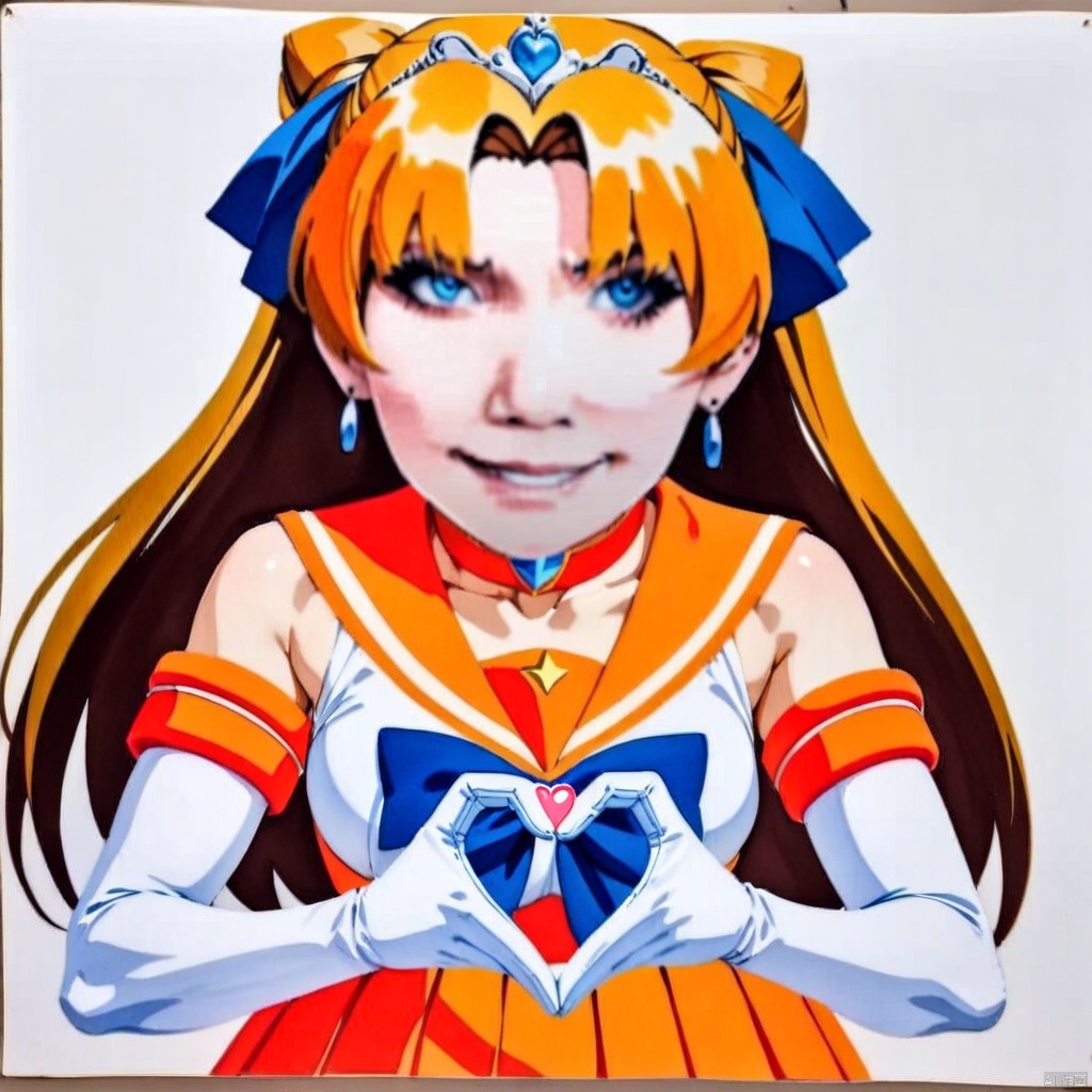  longtu-face,face,(masterpiece),(best quality),1girl,sailor venus,masterpiece,best quality,very aesthetic,absurdres,aavenus,long hair,blonde hair,hair bow,tiara,blue eyes,earrings,orange choker,collarbone,orange sailor collar,blue bowtie,white shirt,white leotard,elbow gloves,white gloves,pleated skirt,orange skirt,heart hands,traditional media,watercolor,