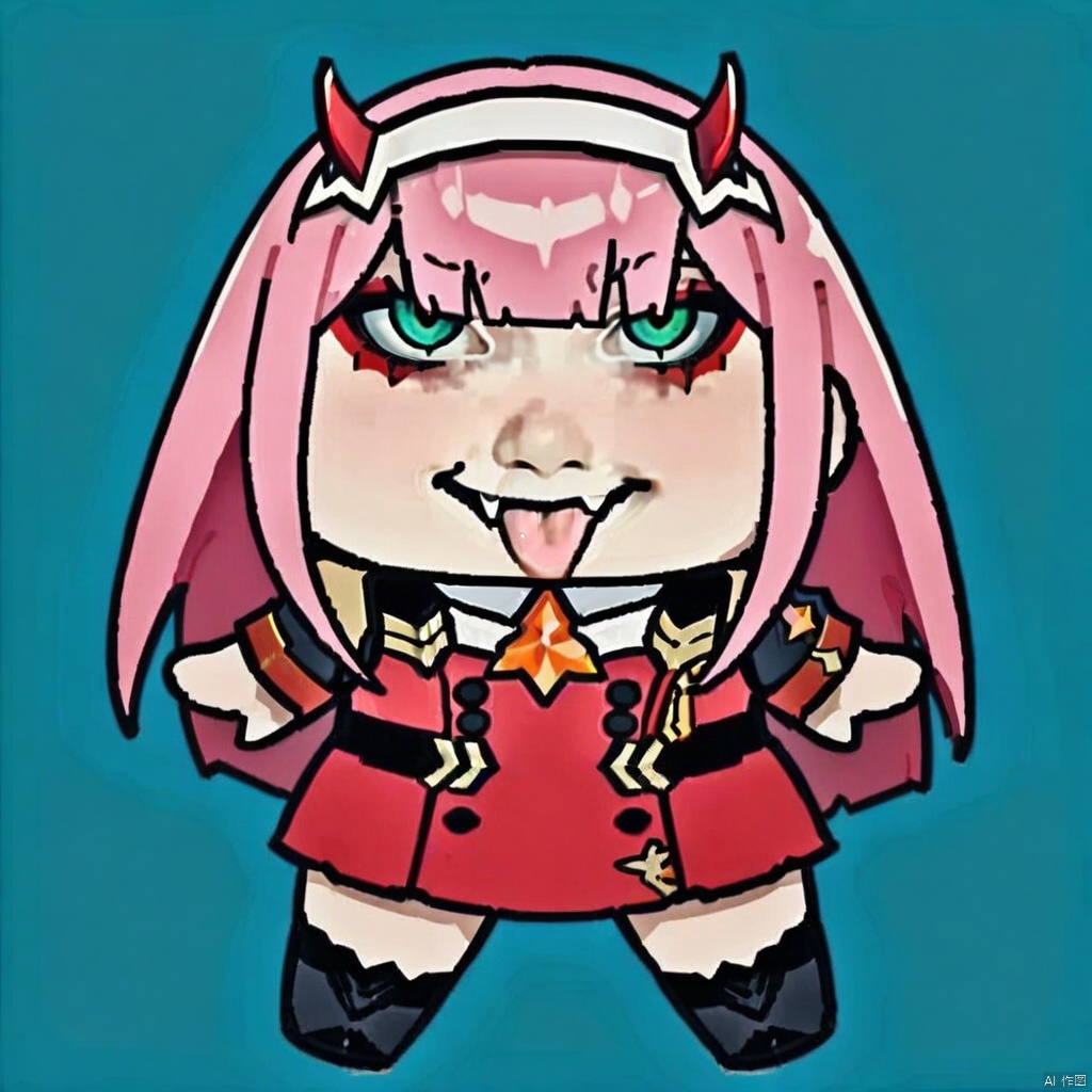  longtu-face,masterpiece, best quality, (masterpiece),(best quality),1girl, aqua_background, aqua_eyes, blue_background, buttons, double-breasted, fangs, green_eyes, hairband, horns, long_hair, looking_at_viewer, military, military_uniform, necktie, pink_hair, sky, solo, tongue, tongue_out, uniform, white_hairband, zero_two_\(darling_in_the_franxx\),style-parody,chibi,full_body
