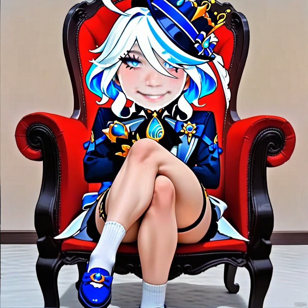longtu-face,masterpiece, best quality, furina \(genshin impact\),hat,smile, sitting, crossed legs, ,chair,blue footwear,white socks