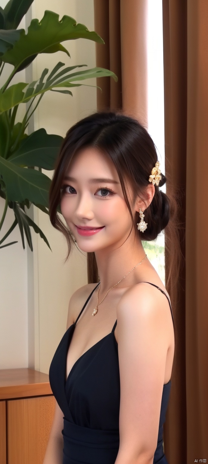 lingmeier, 1girl, dress, solo, jewelry, red dress, looking at viewer, earrings, necklace, hair ornament, black hair, upper body, smile, bare shoulders, realistic,masterpiece,best quality