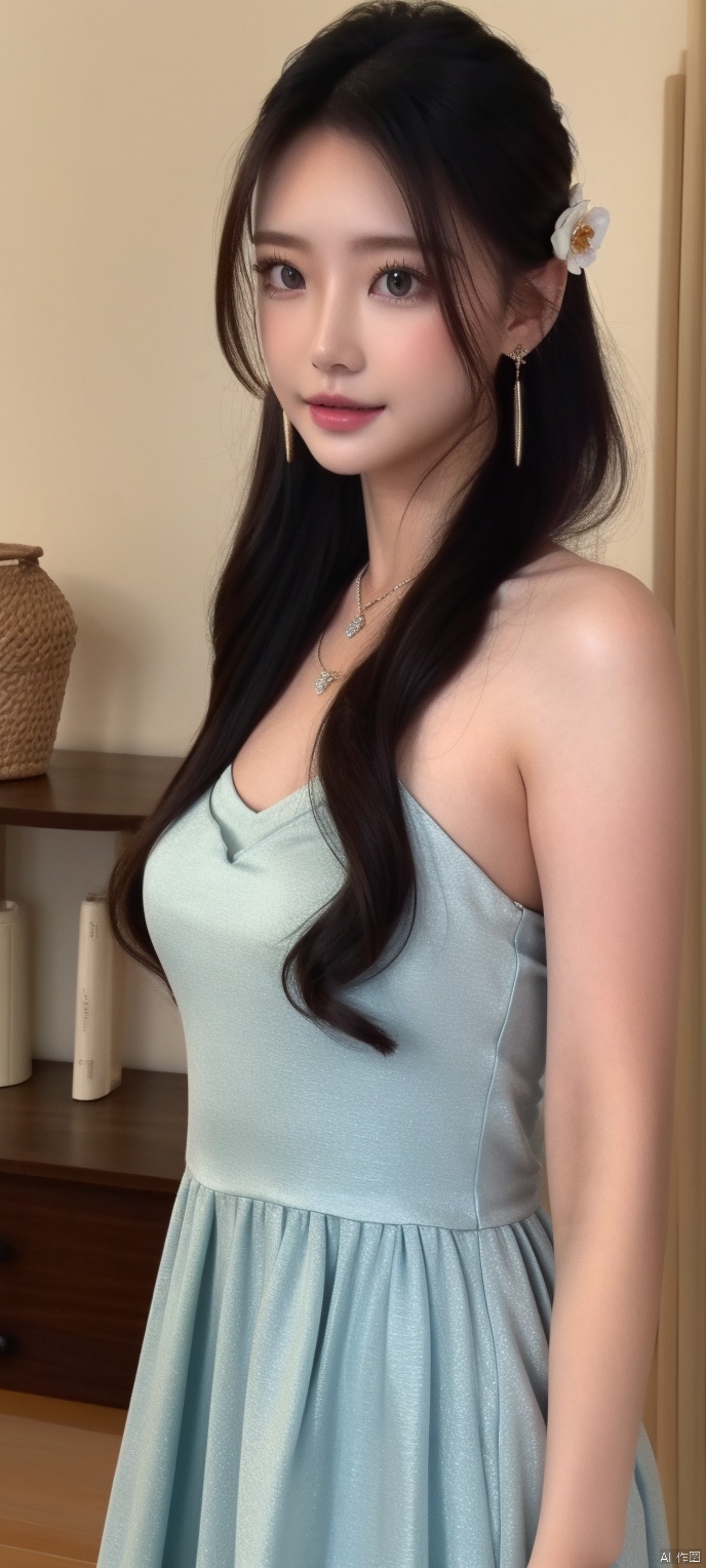 1girl, dress, solo, jewelry, looking at viewer, earrings, necklace, hair ornament, black hair, upper body, bare shoulders, realistic,masterpiece,best quality