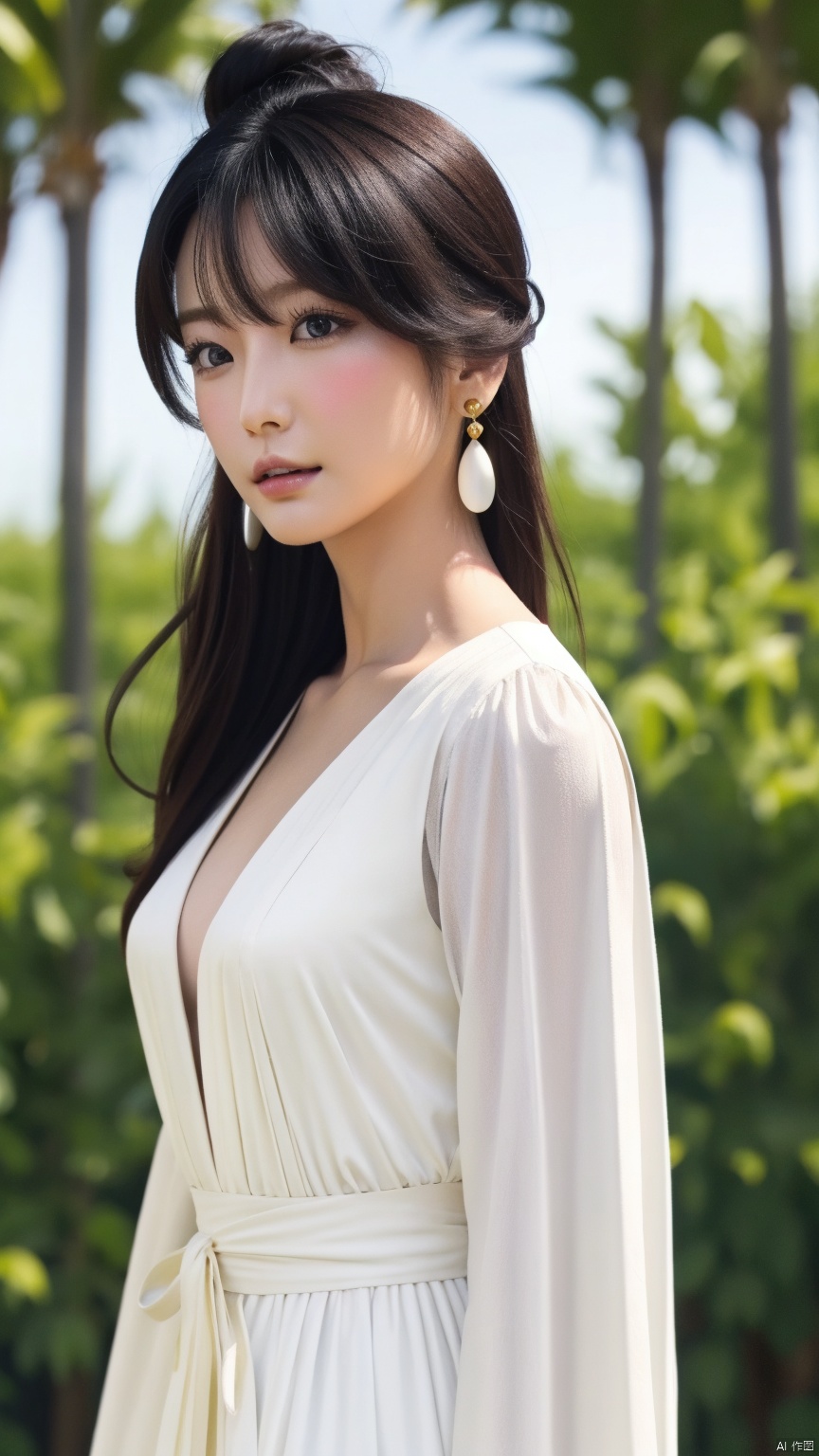  FengZeYao,1girl, black hair, long hair, dress, solo, white dress, hair ornament, chinese clothes, facial mark, hair bun, forehead mark, earrings, perfect body, scenery, sharp focus, best quality, masterpiece, detailed outfit, illustration, perfect eyes, finely detailed beautiful anime eyes, realistic skin, intricate details, best lighting, depth of field, ultra high resolution,cowboy_shot, dynamic pose, dynamic angle,