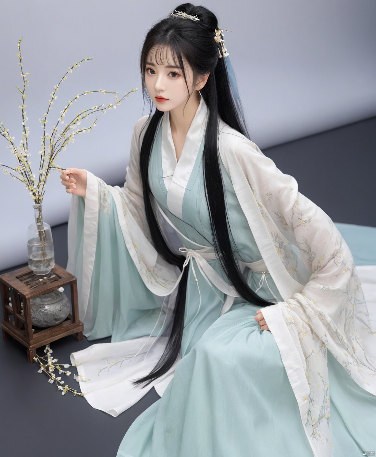  solo,highly detailed,(best quality),((masterpiece)),1girl,black hair,simple_background,long hair,peiyuhan,cleavage,white cloth,hanfu,necklace,see-through,ggbh,looking_at_viewer,black_background,no neck,