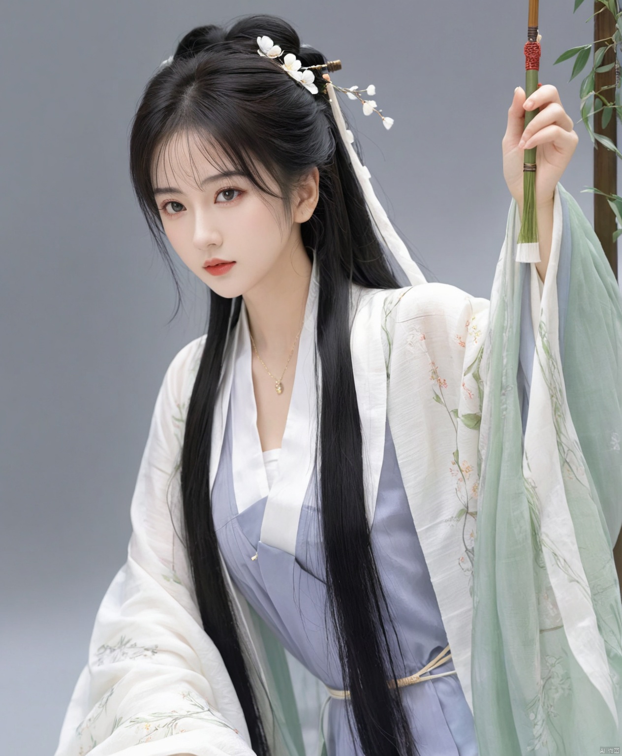  solo,highly detailed,(best quality),((masterpiece)),1girl,black hair,simple_background,long hair,peiyuhan,cleavage,white cloth,hanfu,necklace,see-through,ggbh,looking_at_viewer,black_background,no neck,