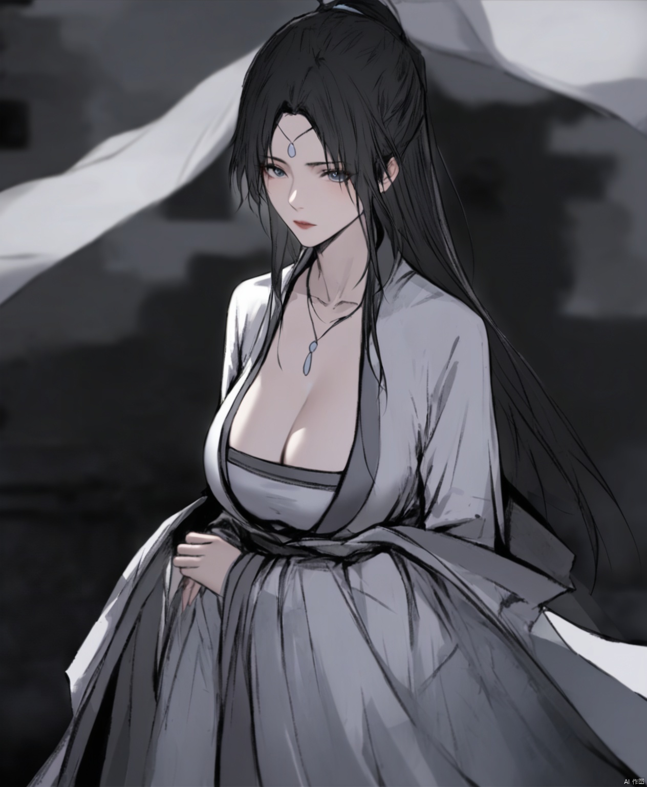  solo,highly detailed,(best quality),((masterpiece)),1girl,black hair,simple_background,long hair,peiyuhan,cleavage,white cloth,hanfu,necklace,see-through,ggbh,looking_at_viewer,black_background,no neck,