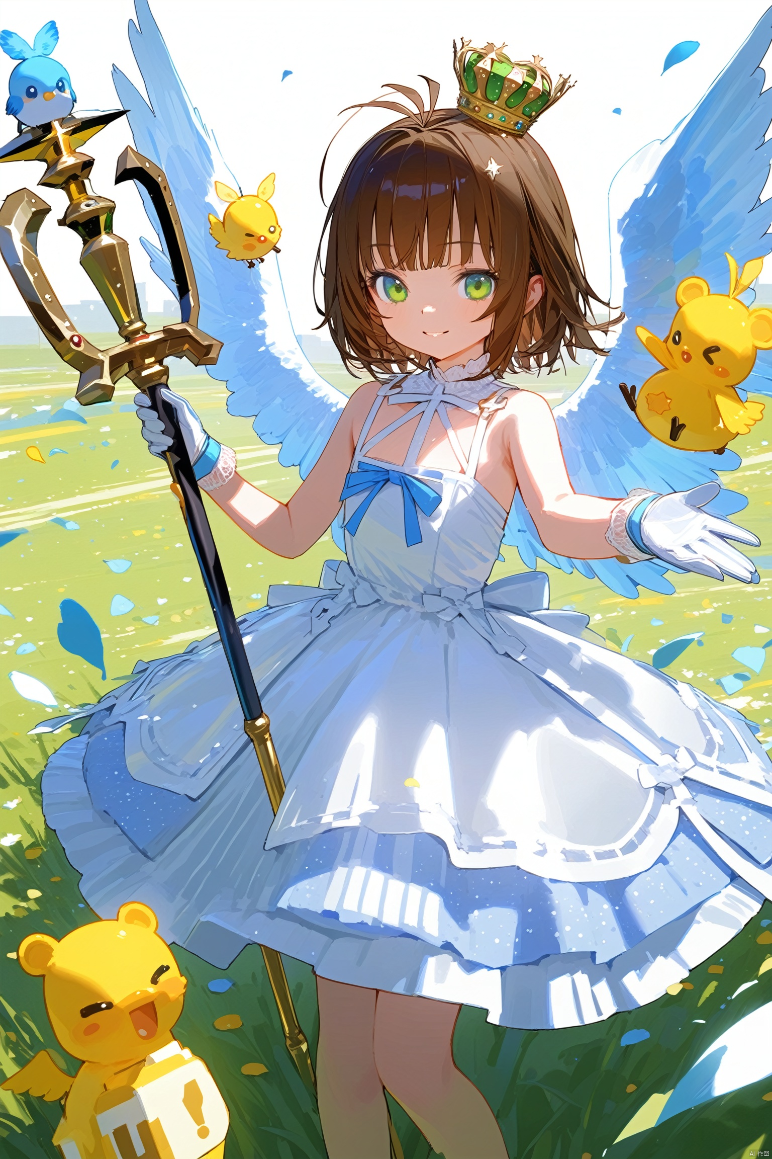  (masterpiece),(best quality),kinomoto_sakura, 1girl, crown, brown_hair, dress, green_eyes, white_dress, white_gloves, holding, gloves, petals, short_hair, looking_at_viewer, smile, kero, bird, solo, staff, full_body, sleeveless, antenna_hair