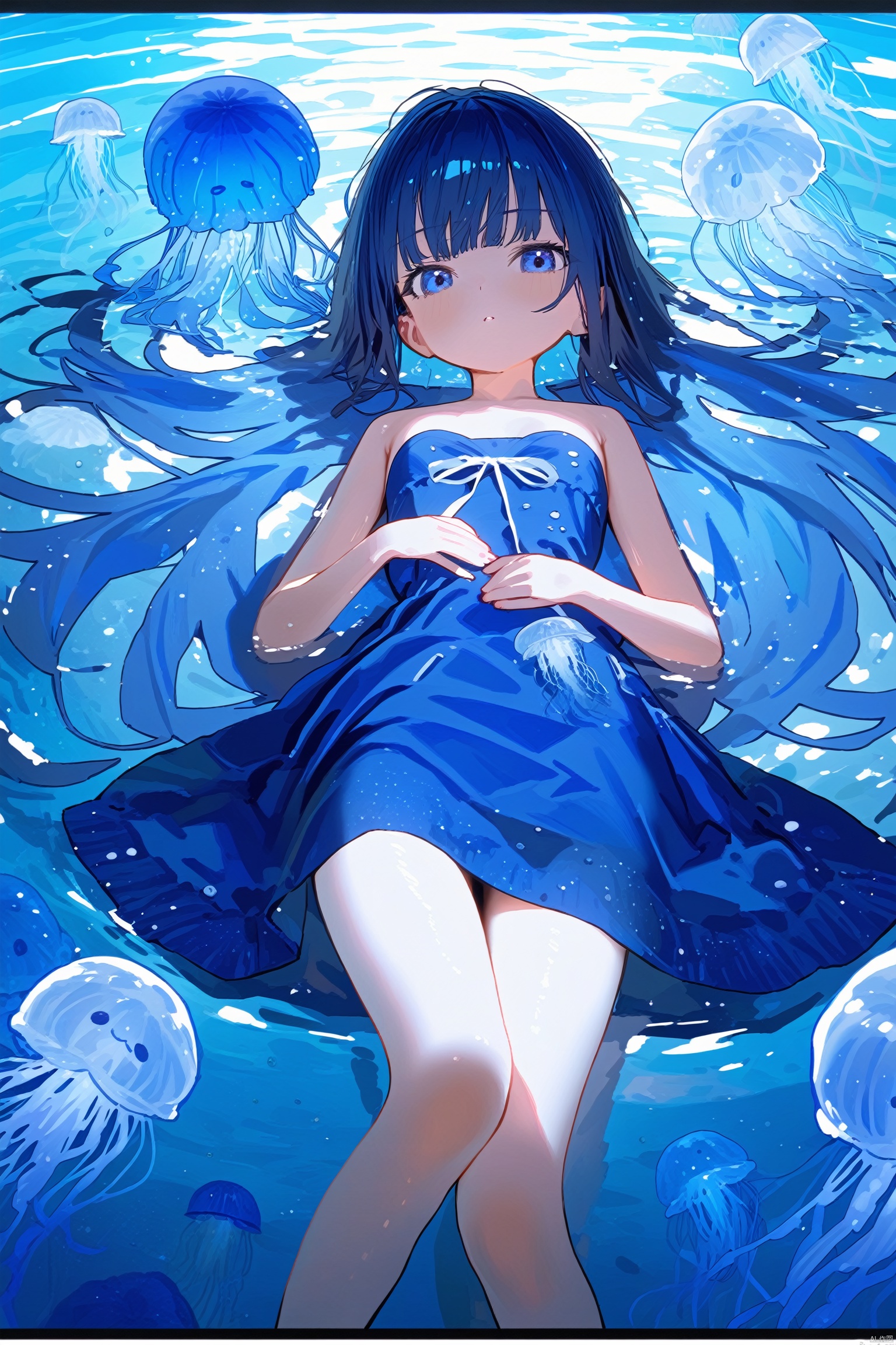  (masterpiece),(best quality),1girl, jellyfish, solo, letterboxed, dress, blue_eyes, blue_hair, lying, barefoot, on_back, strapless_dress, strapless, water, long_hair, bare_shoulders, looking_at_viewer, bare_legs