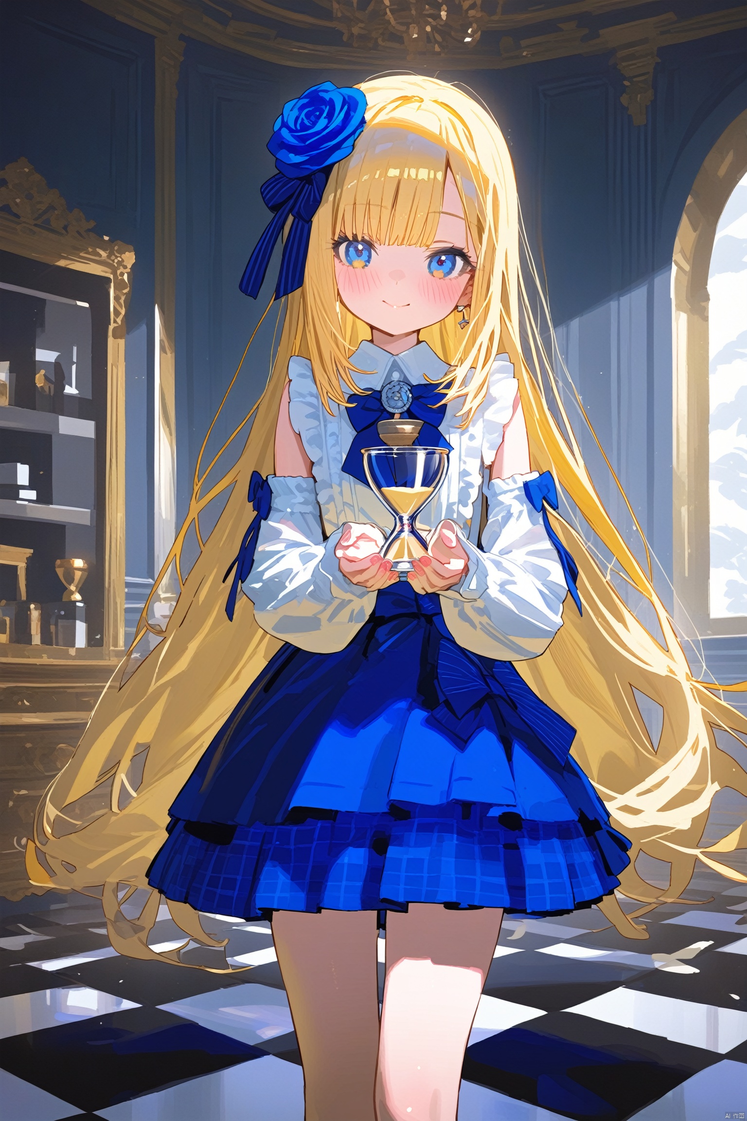  (masterpiece),(best quality),1girl, solo, blue_flower, flower, blue_eyes, long_hair, blonde_hair, blue_rose, detached_sleeves, smile, rose, skirt, long_sleeves, shirt, looking_at_viewer, closed_mouth, white_shirt, blush, bow, checkered_floor, holding, hourglass, standing, sleeveless, indoors, frills