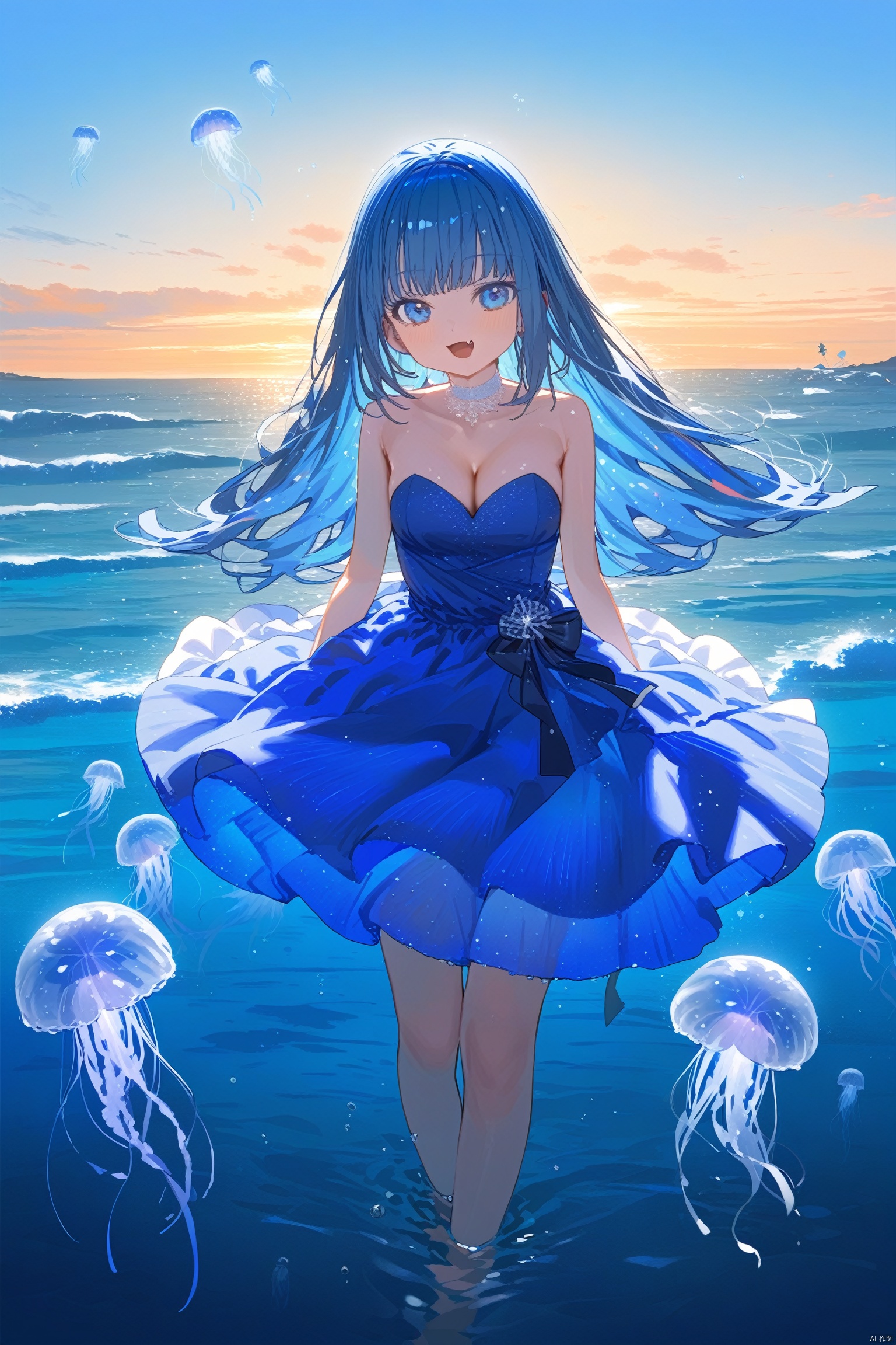  (masterpiece),(best quality),1girl, solo, dress, breasts, open_mouth, smile, bare_shoulders, blue_hair, cleavage, looking_at_viewer, :d, blue_eyes, collarbone, fang, medium_breasts, water, ocean, strapless_dress, strapless, blue_dress, outdoors, jellyfish, day, jewelry, long_hair, sky