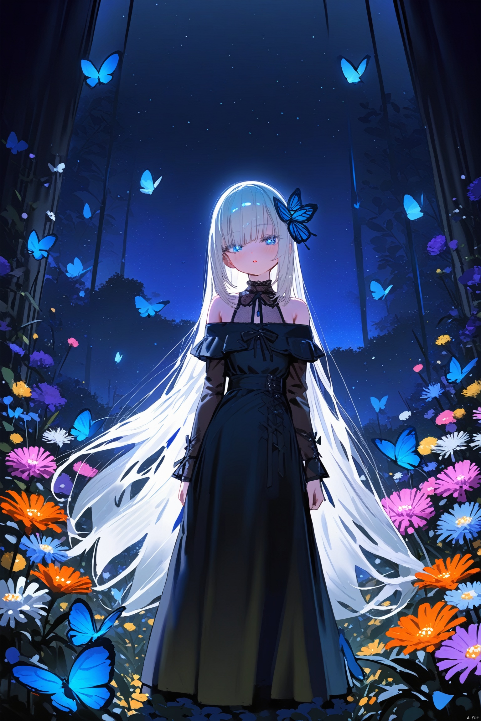  (masterpiece),(best quality),night,glowing eyes,gothic,long dress, 1 girl, solo, long white hair, blue eyes, detailed eyes, blink and youll miss it detail,butterfly, flower garden, high quality, floral background, very detailed,off shoulder