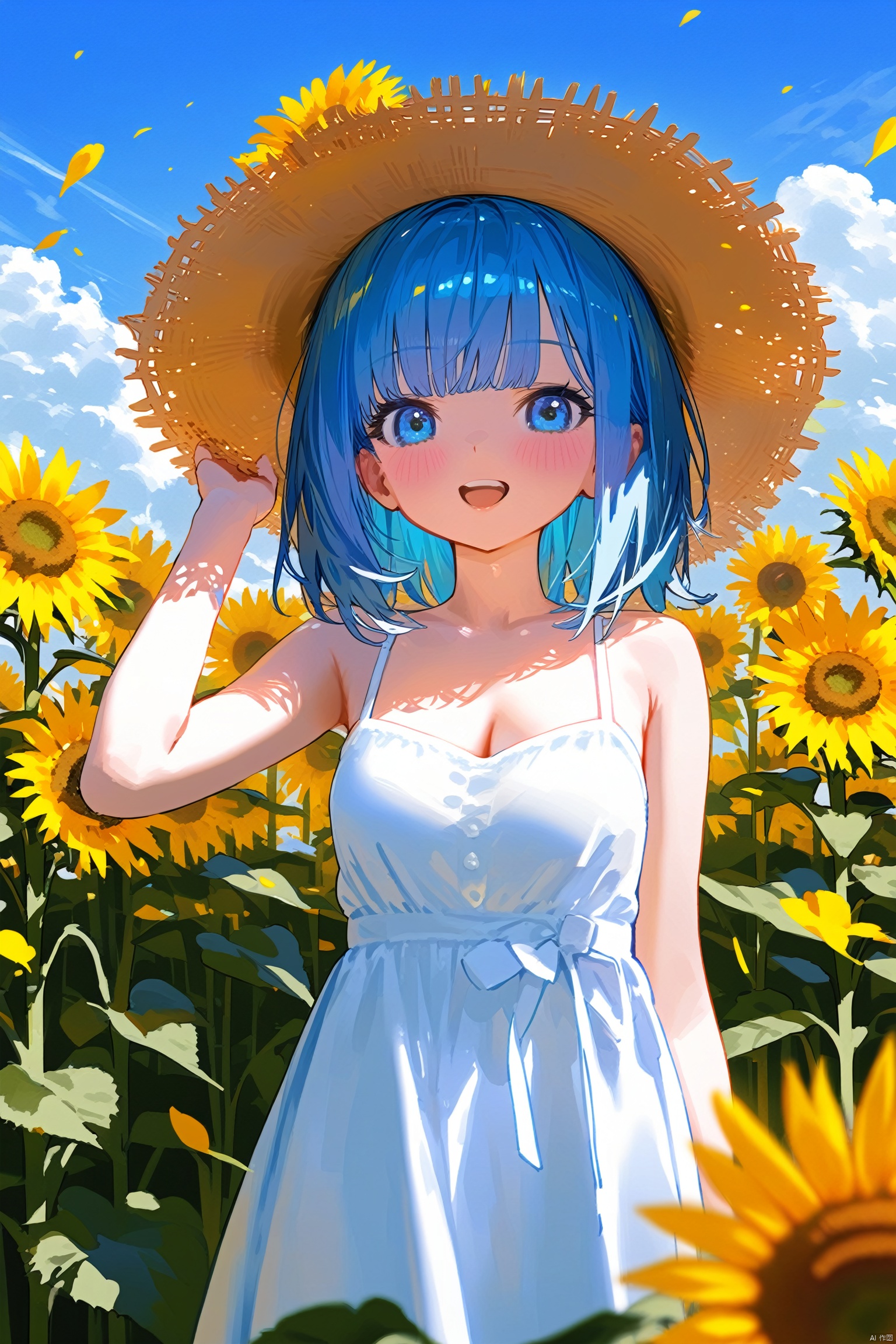 (masterpiece),(best quality),1girl, solo, flower, dress, blue_hair, sunflower, outdoors, hat, white_dress, blue_eyes, sky, breasts, cloud, straw_hat, open_mouth, smile, looking_at_viewer, cleavage, day, sleeveless_dress, sleeveless, medium_breasts, yellow_flower, bangs, field, petals, :d, blue_sky, blush, flower_field, bare_shoulders, medium_hair, sundress, hand_on_headwear, collarbone, blurry, cloudy_sky