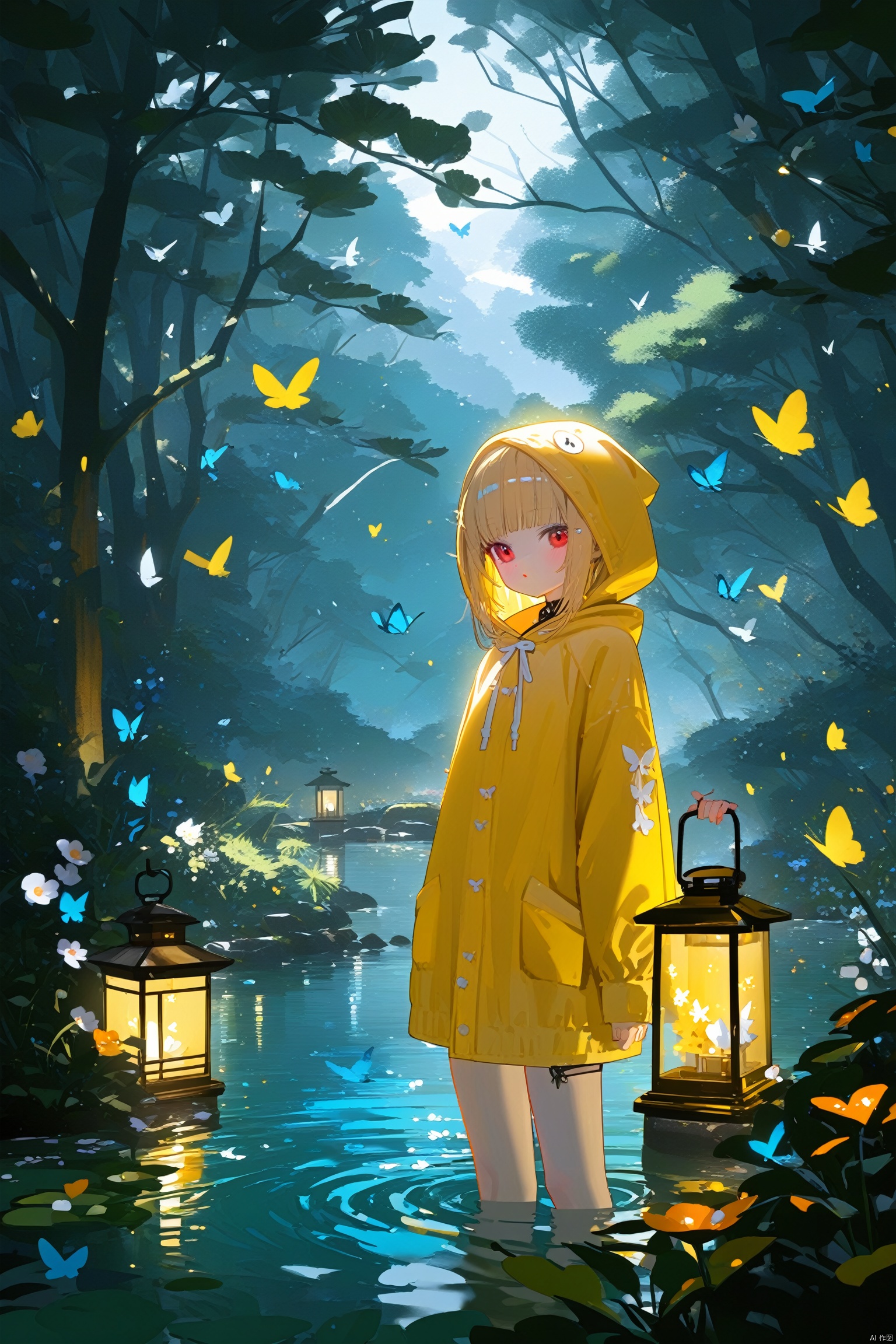 1girl, bird, bug, tree, butterfly, red_eyes, lantern, water, hood, solo, flower, outdoors, looking_at_viewer, nature, blonde_hair