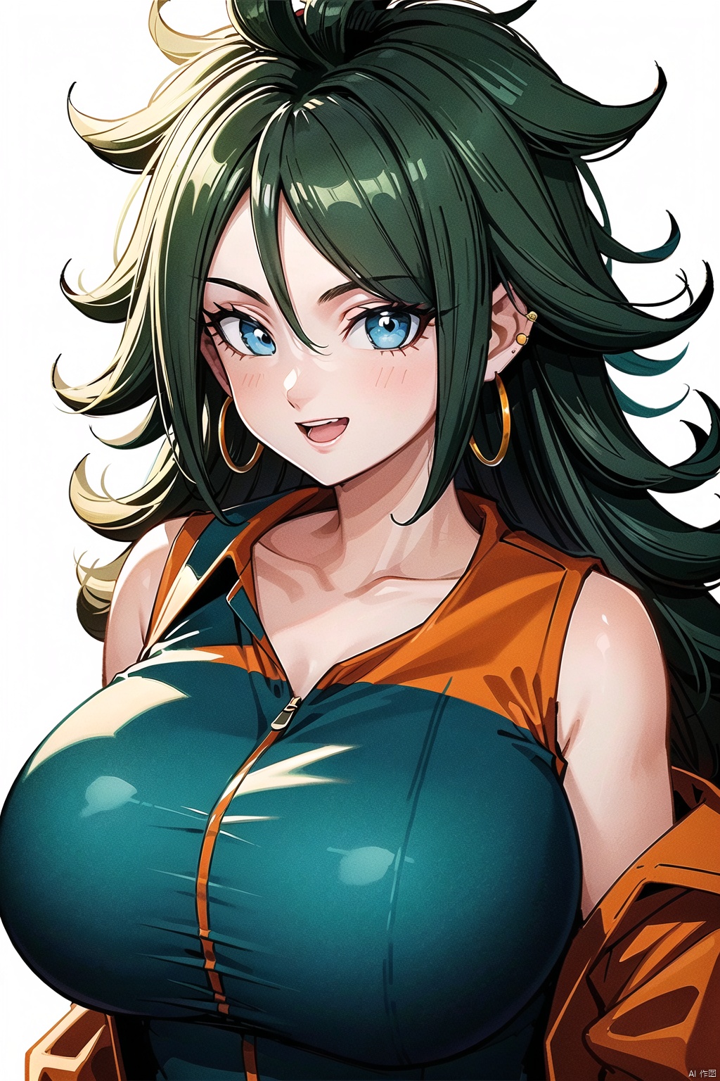 (white background :1.3), 1 girl, solo, chest, 30 years old, pretty, pretty, smiling, camera focused on face, delicate face, looking at the audience, skin shiny,
(1 girl, solo, chest, huge breasts, looking at the audience, smiling, long hair, open mouth, bangs, blue eyes, simple background, shirt, white background, Jewelry, collarbone, jacket, upper body, Earrings, Green hair, sleeveless, straight bangs, vest, eyelashes, orange shirt, 21hao:1.3)
High resolution, Master Painting, CG, Wallpaper, Super Detail, Intricate Detail, Masterpiece, 8k, Contrast, Smooth, bright pictures, Soft Pictures, Rembrandt Lighting, Amazing, Manga Style, Manga, Anime, Game CG,21hao