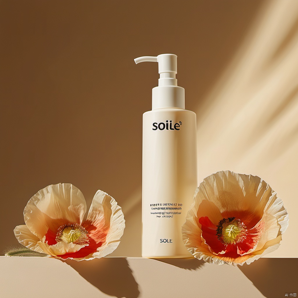 Product photography of a skin care product with flowers on the right side and a beige background. The brand name "SOile" is on a clean bottle body with a white pump head,the text is written in yellow font with no shadow behind it. Soft light shines from top to bottom,creating a warm atmosphere. There were three or four large poppy petals beside the shampoo,adding vitality and freshness. This high-definition photo was taken in the style of professional photographers using Nikon cameras,
