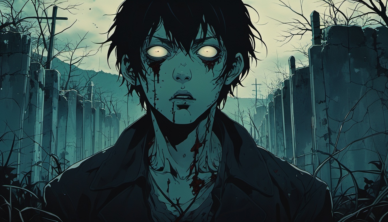 impactful paint of dark anime,  a zombie in a graveyard ,  highly detailed on Tensor.Art