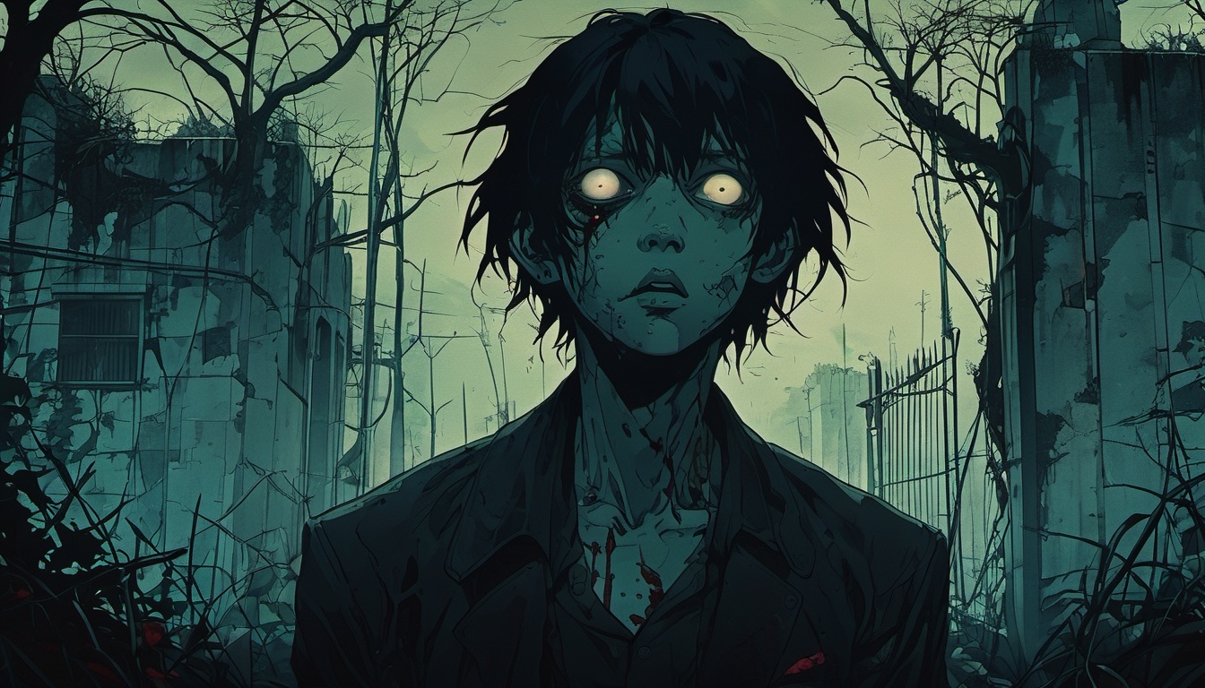 impactful paint of dark anime,  a zombie in a graveyard ,  highly detailed on Tensor.Art
