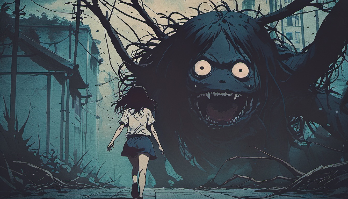 dark manga of a woman running away of a monster on Tensor.Art