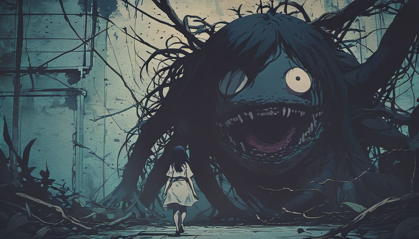 dark manga of a woman running away of a monster on Tensor.Art