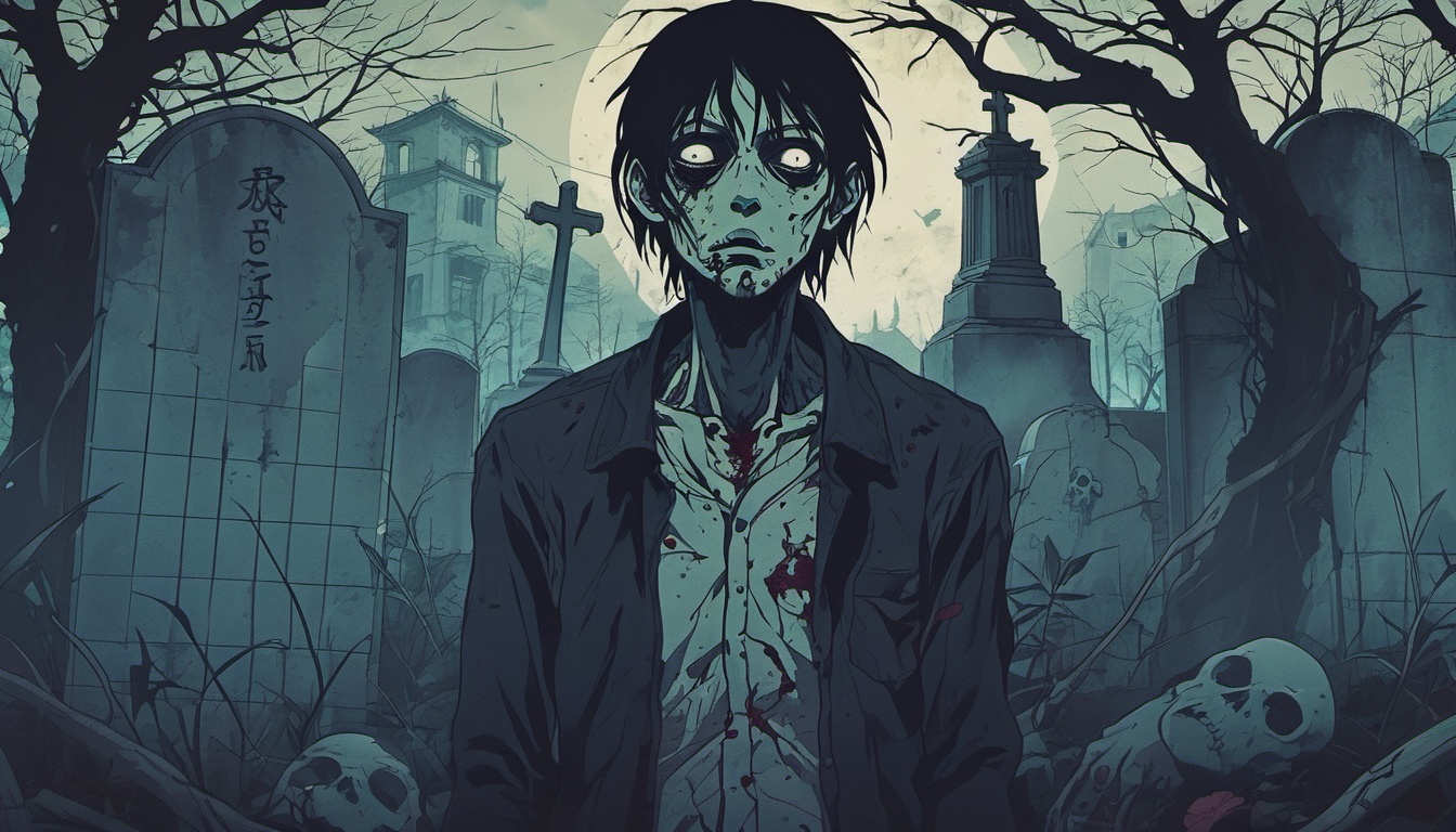 dark anime,  a zombie in a graveyard on Tensor.Art