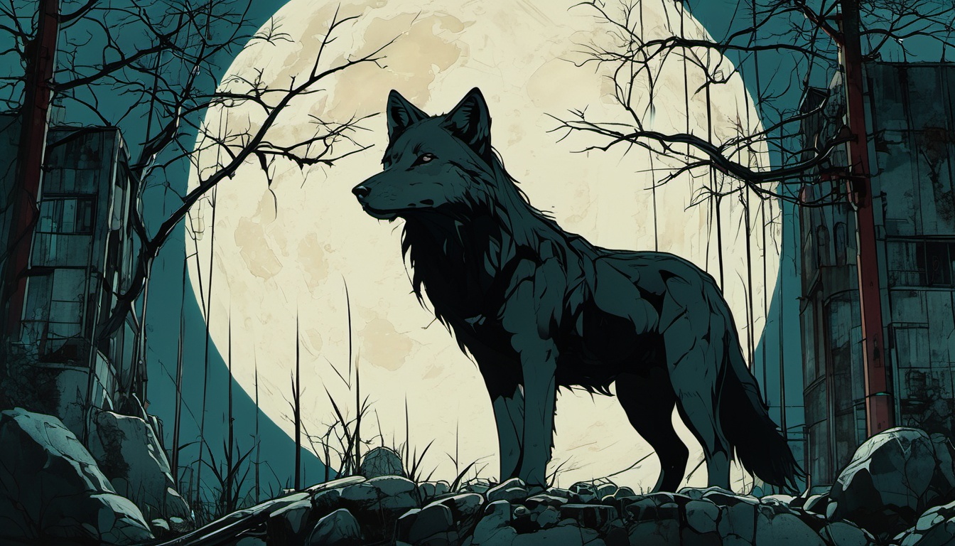 impactful paint of dark anime,  a wolf under a full moon ,  highly detailed on Tensor.Art