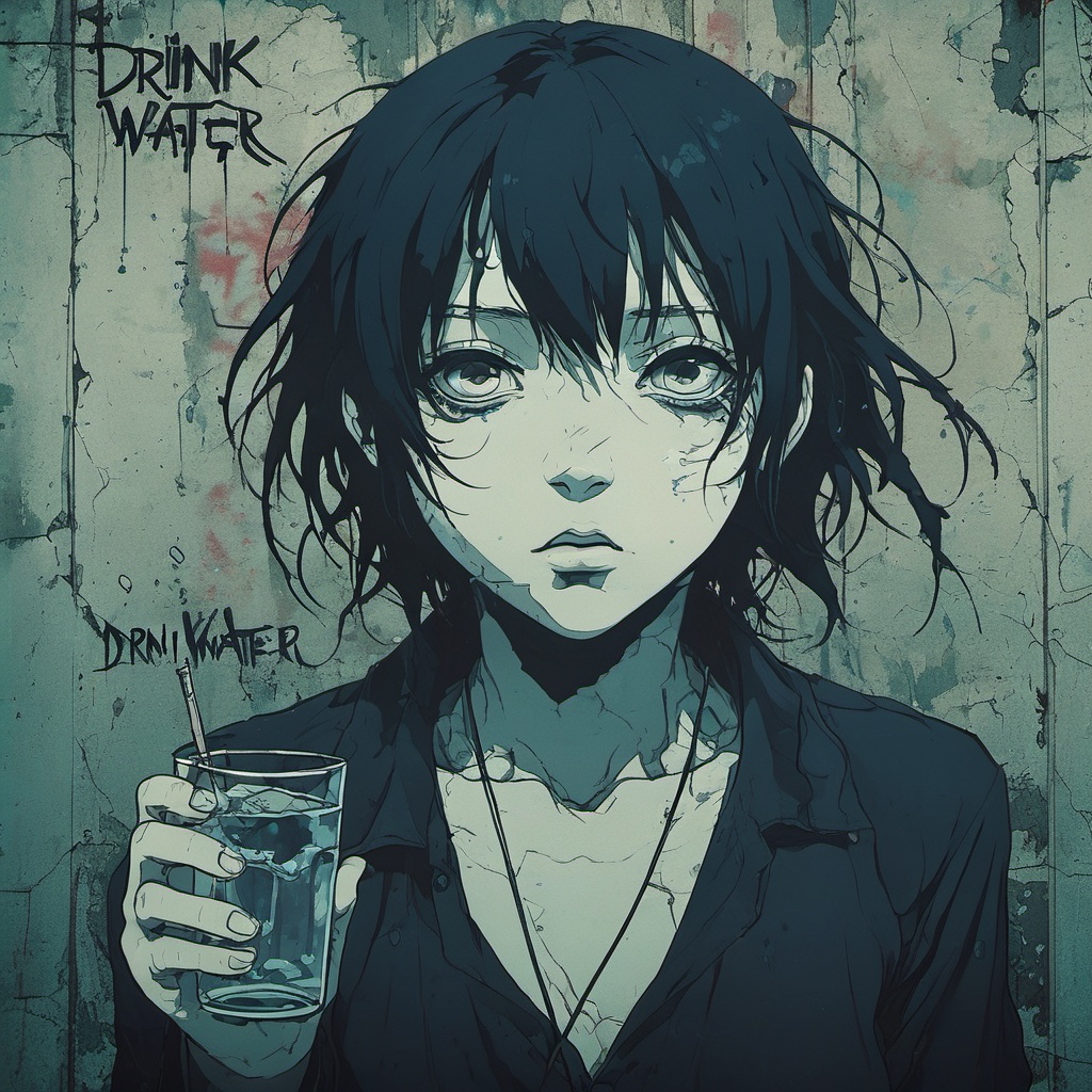 dark anime,  "Drink Water" write on a wall on Tensor.Art
