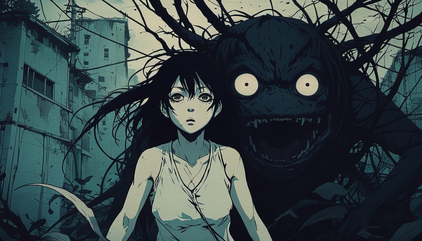 dark manga of a woman running away of a monster on Tensor.Art
