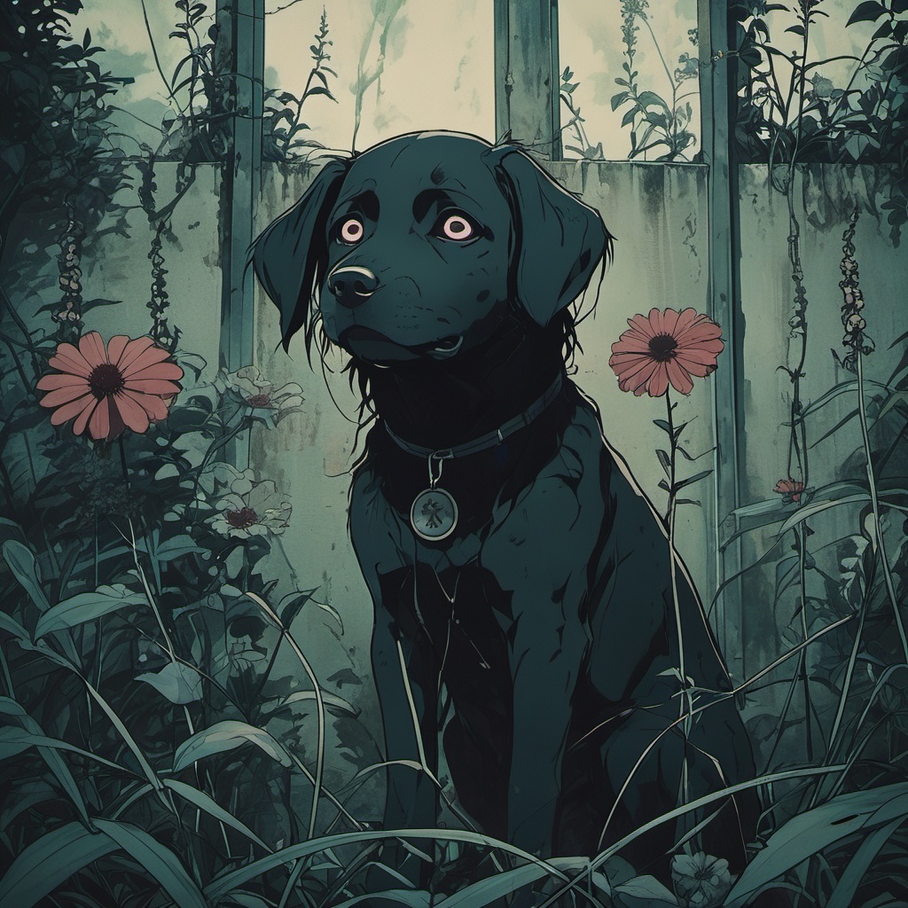 dark anime,  a dog in a garden on Tensor.Art