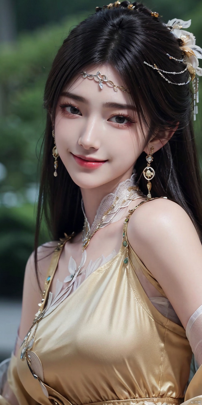  best quality, masterpiece, realistic,,(Good structure), DSLR Quality,Depth of field,kind smile,looking_at_viewer,Dynamic pose, 
jinpinger, 1girl, solo, earrings, jewelry, dress, upper body, hair ornament, black hair, white dress, long hair, blurry background, looking at viewer, smile