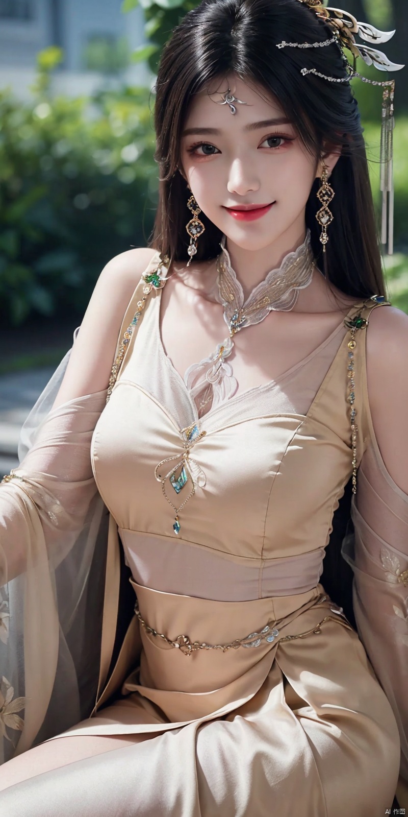  best quality, masterpiece, realistic,,(Good structure), DSLR Quality,Depth of field,kind smile,looking_at_viewer,Dynamic pose, 
jinpinger, 1girl, solo, hair ornament, black hair, jewelry, earrings, dress, smile, sitting